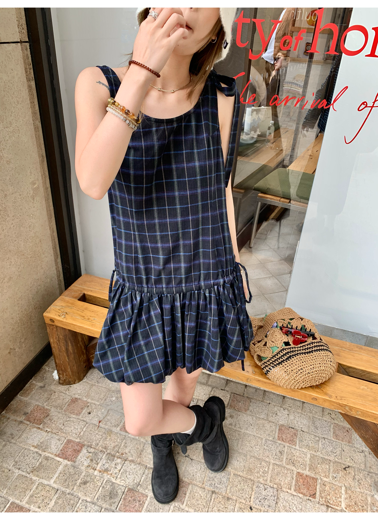 LelyMooch 甘辛ミックスな一枚｜Uネック×チェック柄ワンピース  LEM160