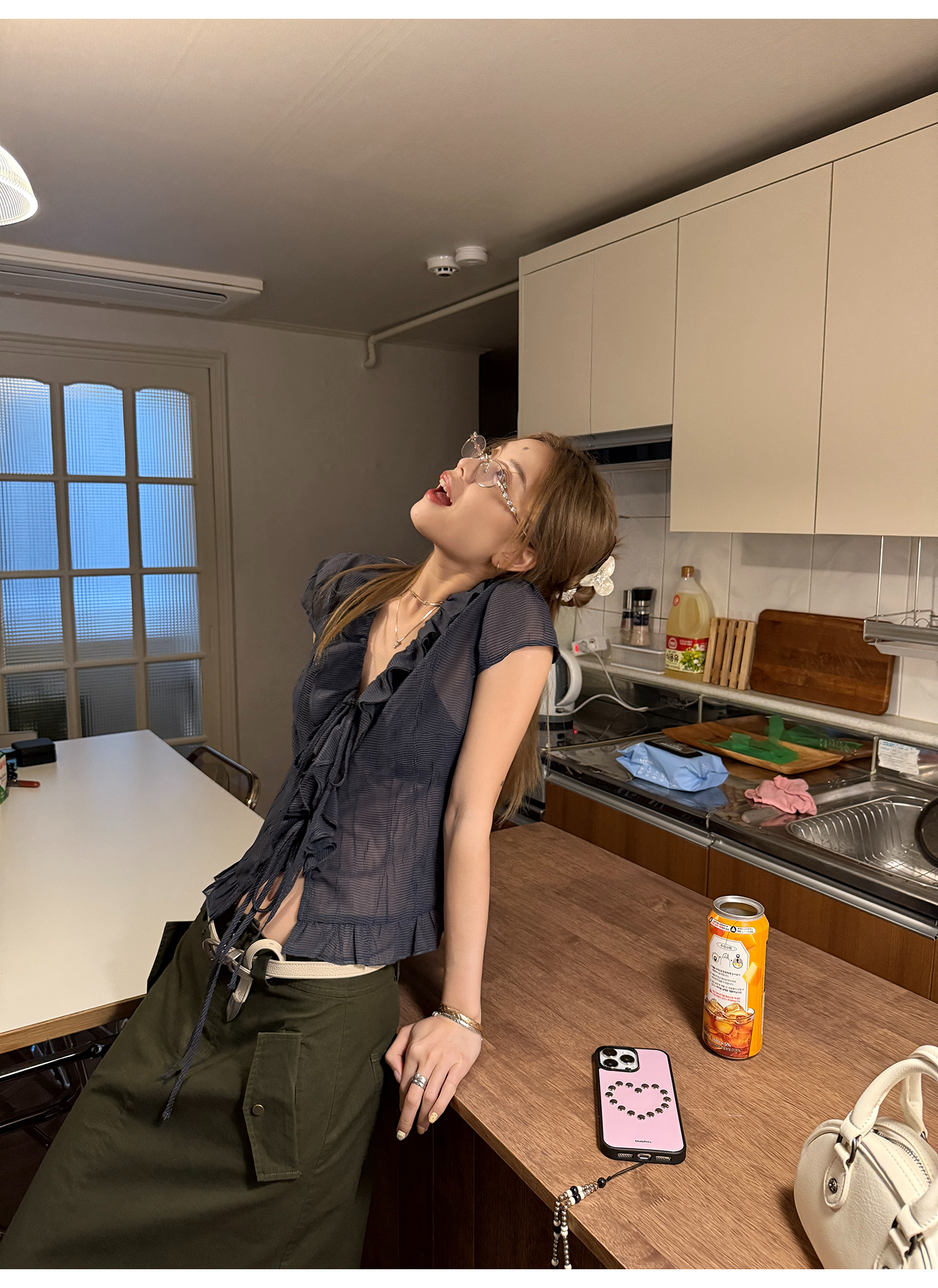 LelyMooch くしゅくしゅ涼感チェック フリルシャツ  LEM175