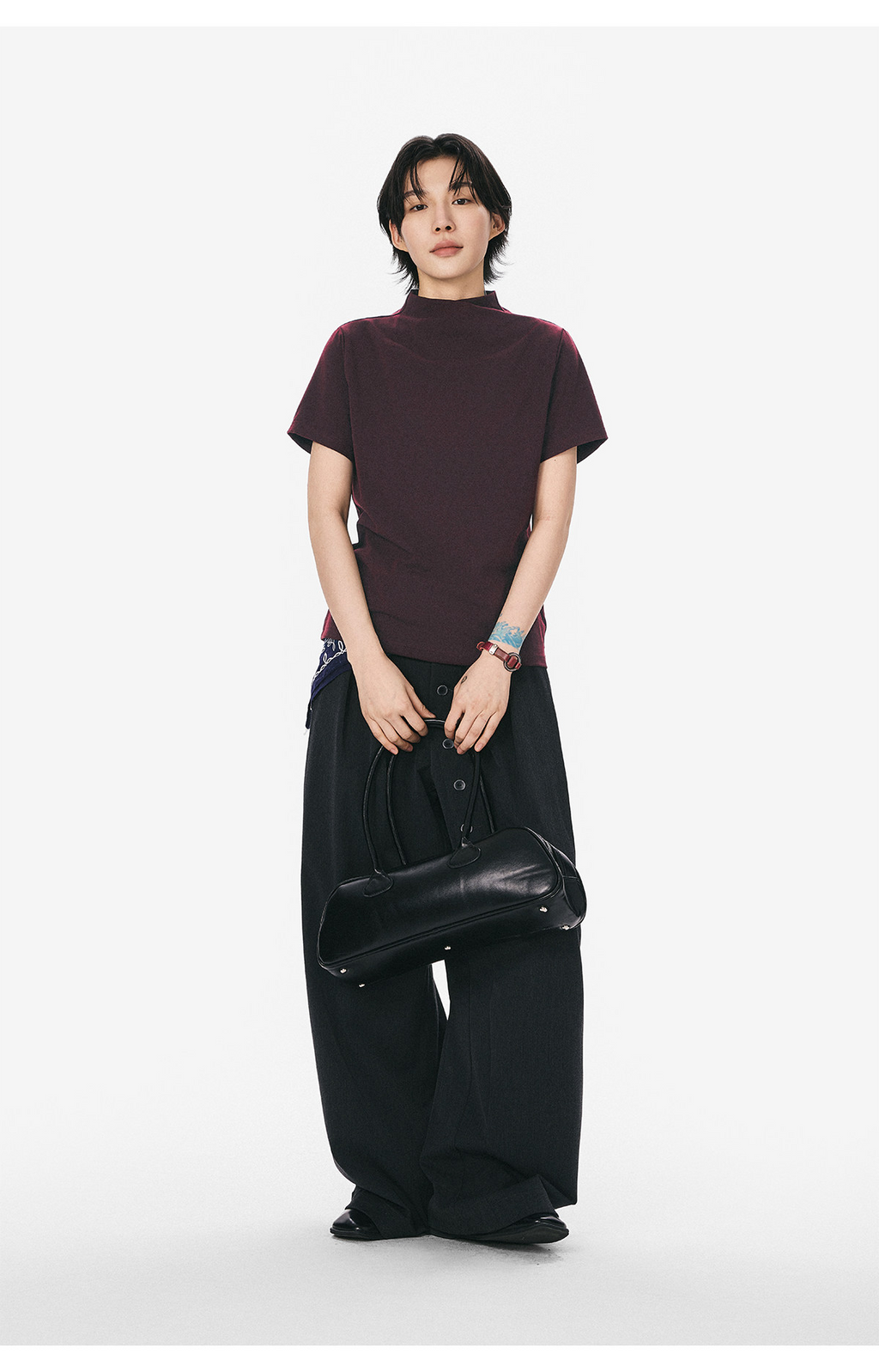 モックネックフレンチスリーブTシャツ  LOM073