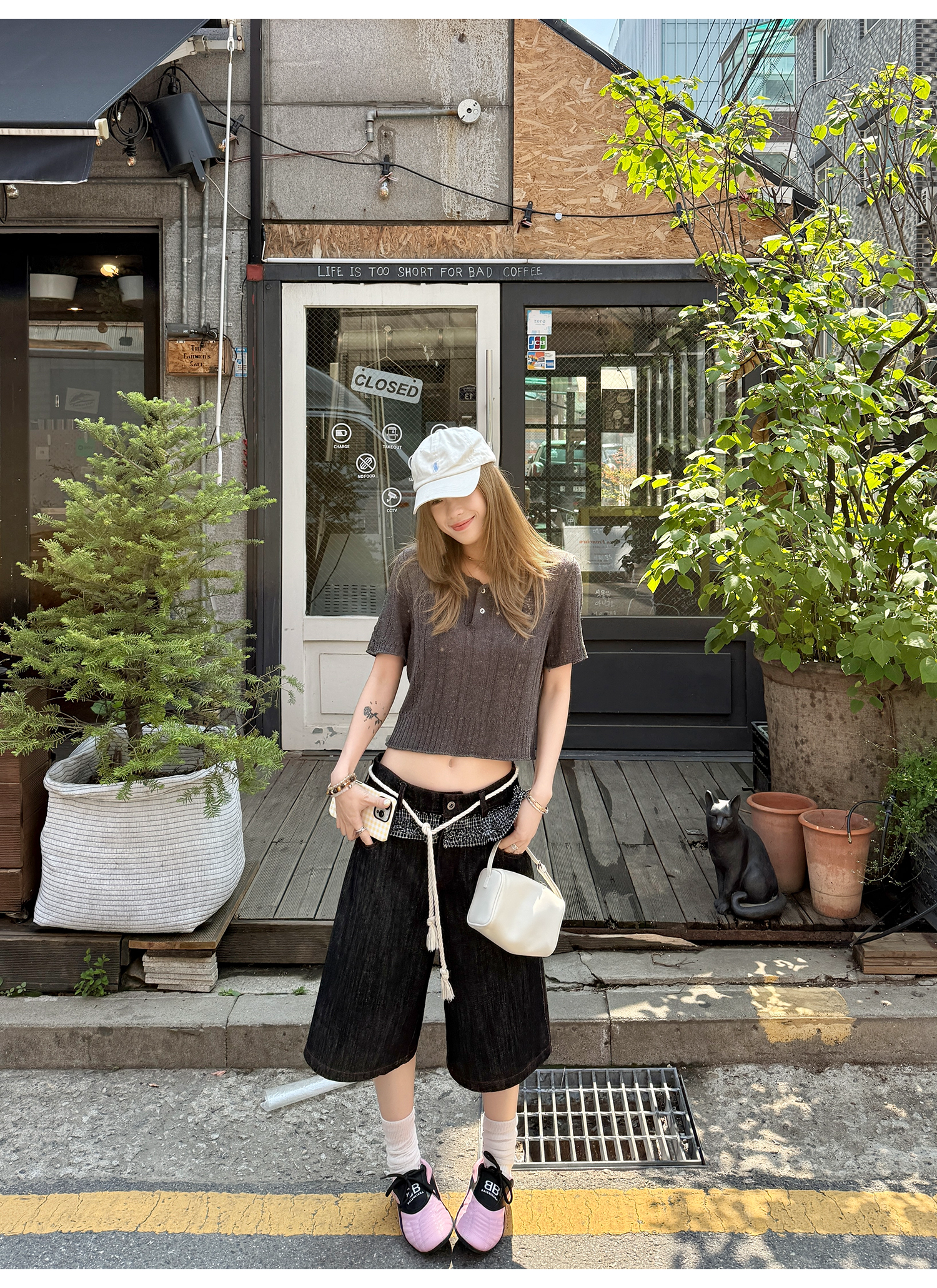 LelyMooch 赤ステッチ×ギンガムデニムハーフパンツ   LEM201