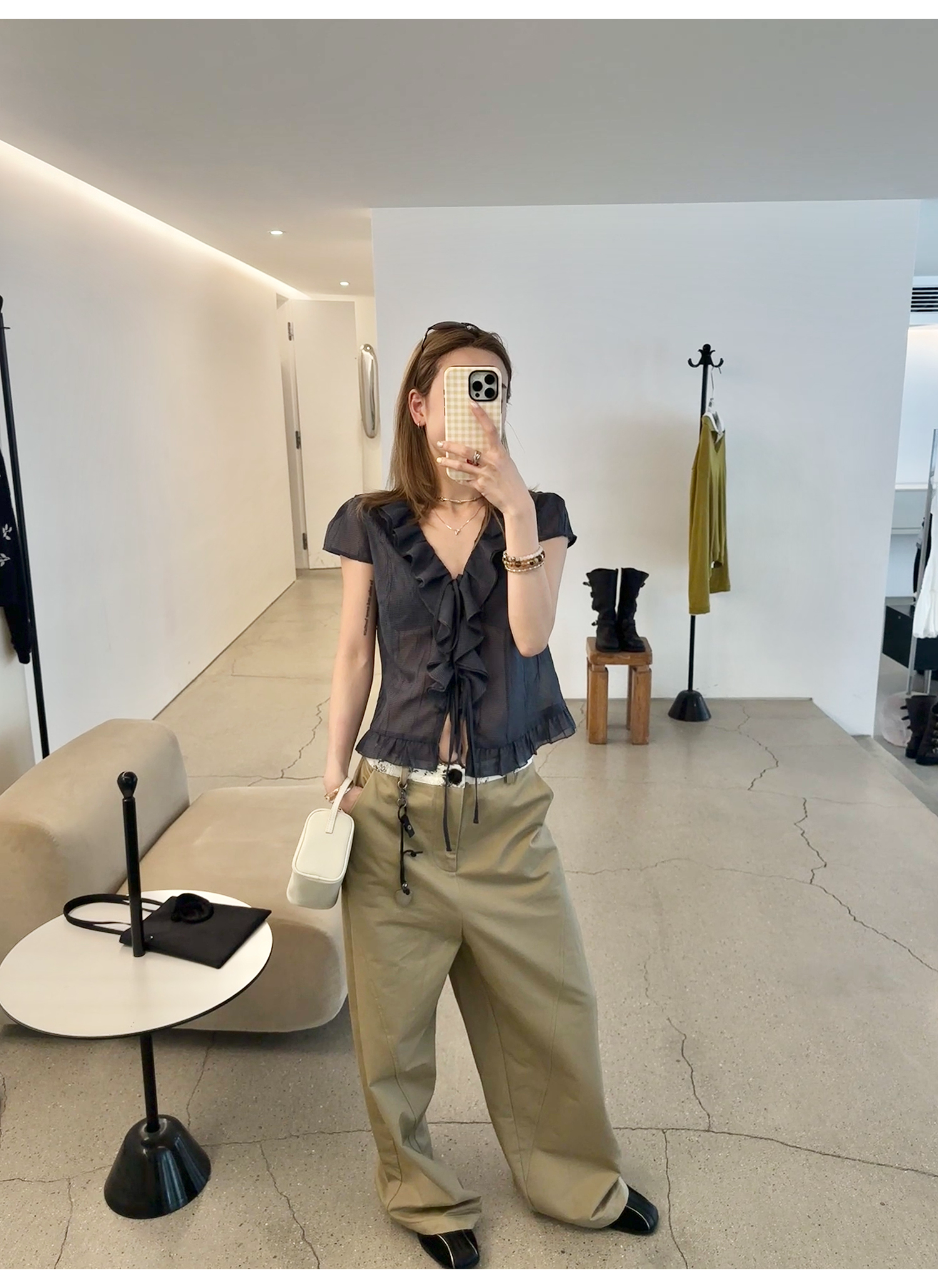 LelyMooch くしゅくしゅ涼感チェック フリルシャツ  LEM175