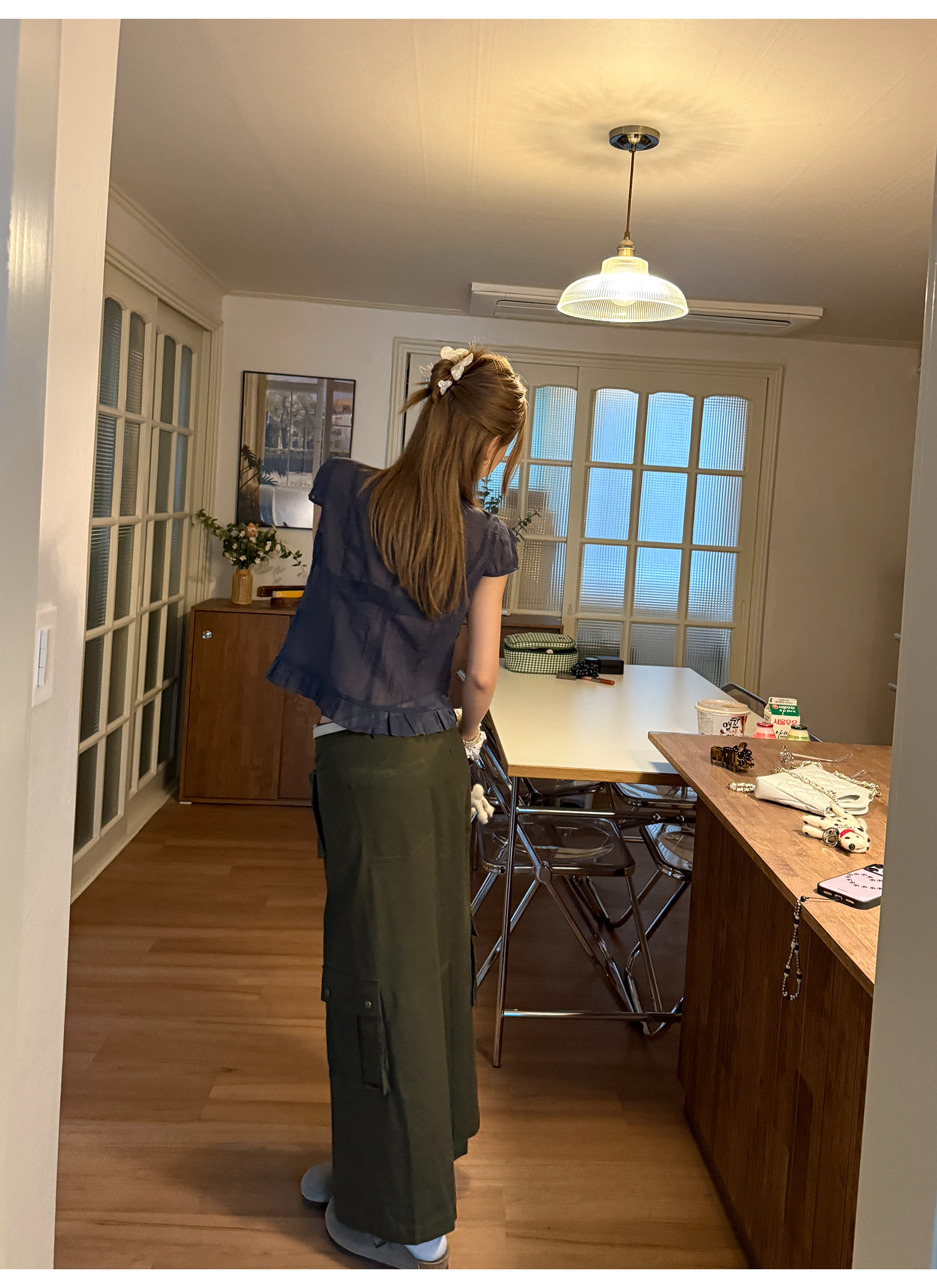 LelyMooch くしゅくしゅ涼感チェック フリルシャツ  LEM175