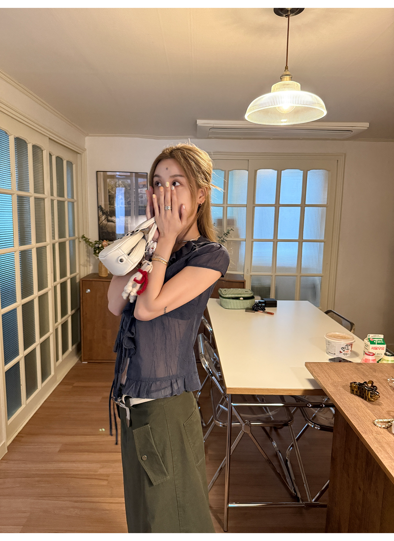 LelyMooch くしゅくしゅ涼感チェック フリルシャツ  LEM175