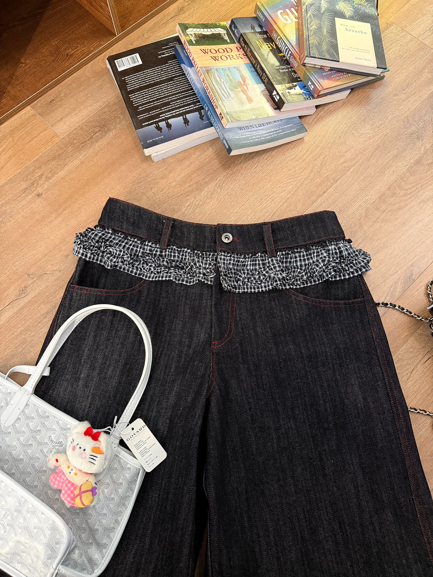 LelyMooch 赤ステッチ×ギンガムデニムハーフパンツ   LEM201