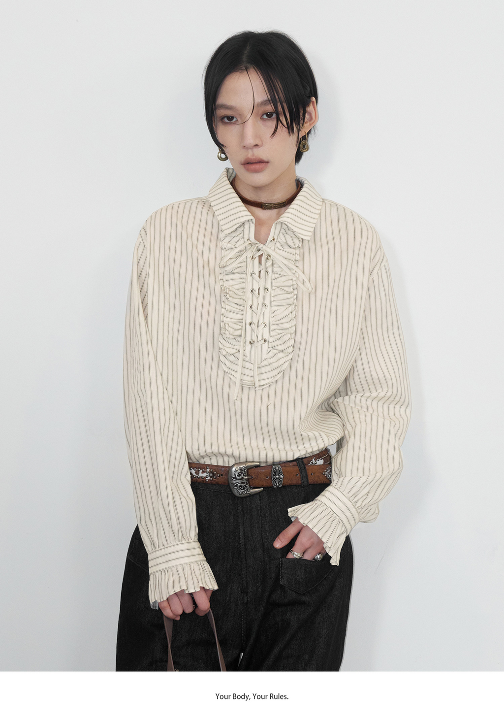 前結びデザイン 縦縞ブラウス  LOM042