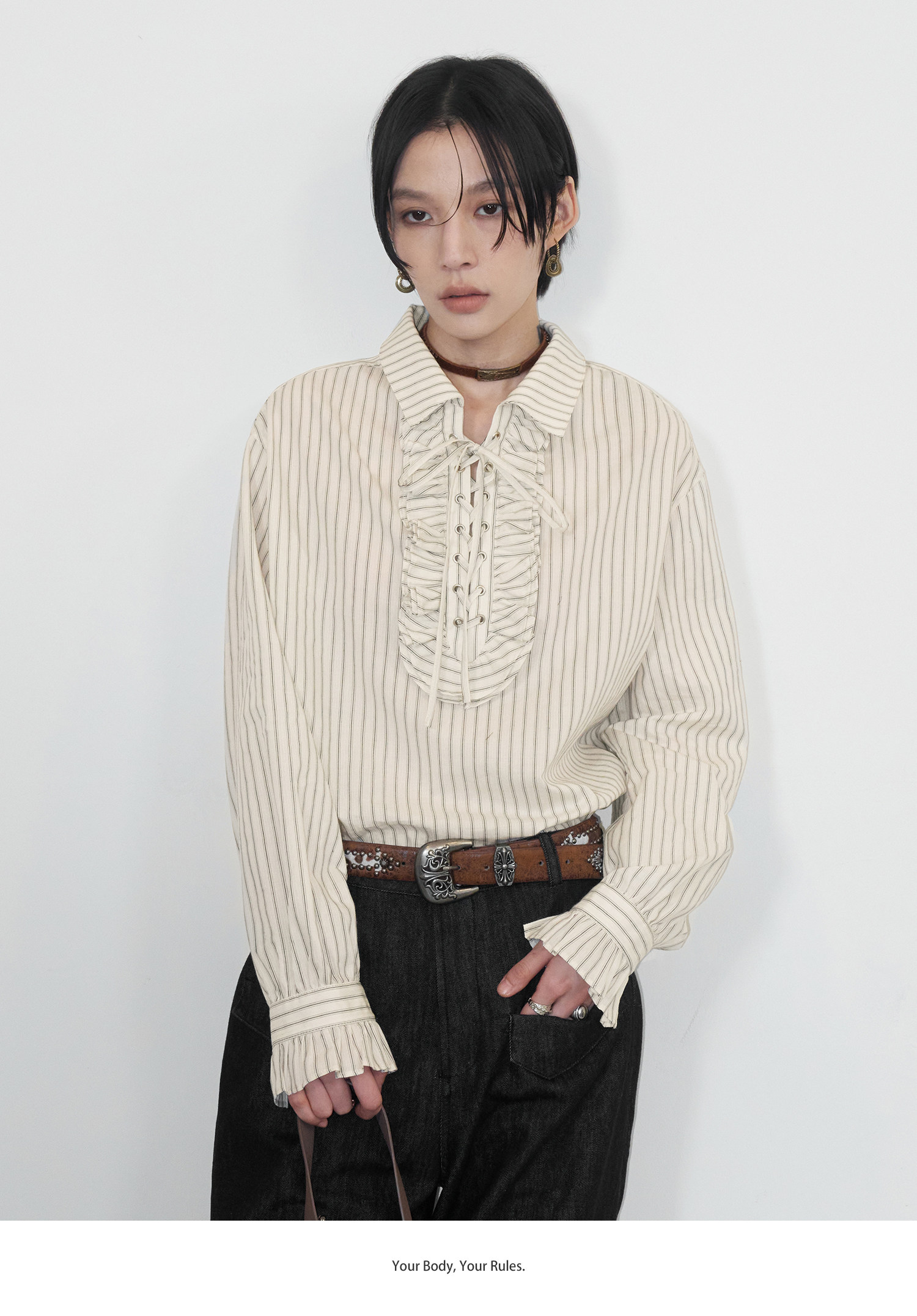 前結びデザイン 縦縞ブラウス  LOM042