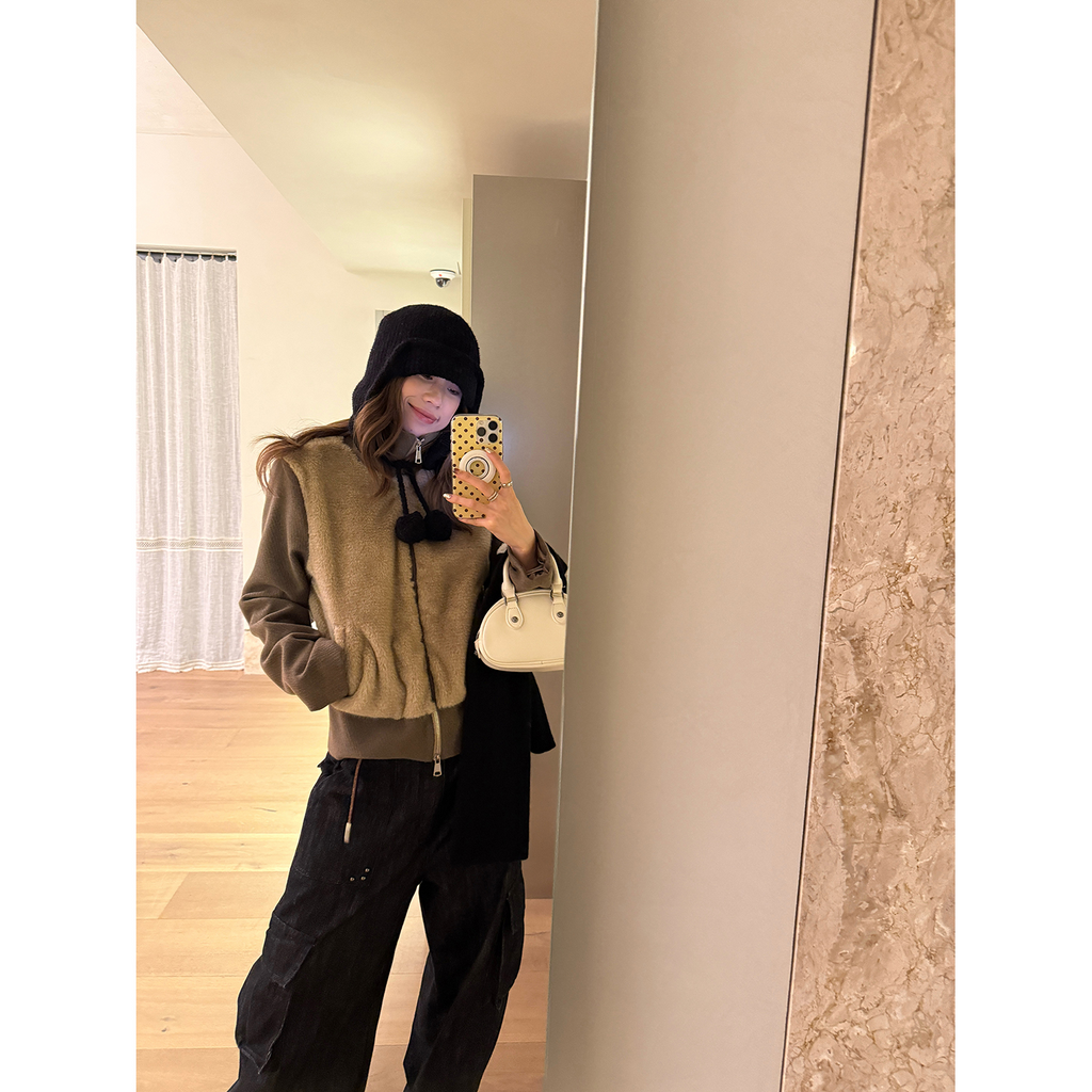 LelyMooch フェイクファー切り替え立ち襟コート  LEM252