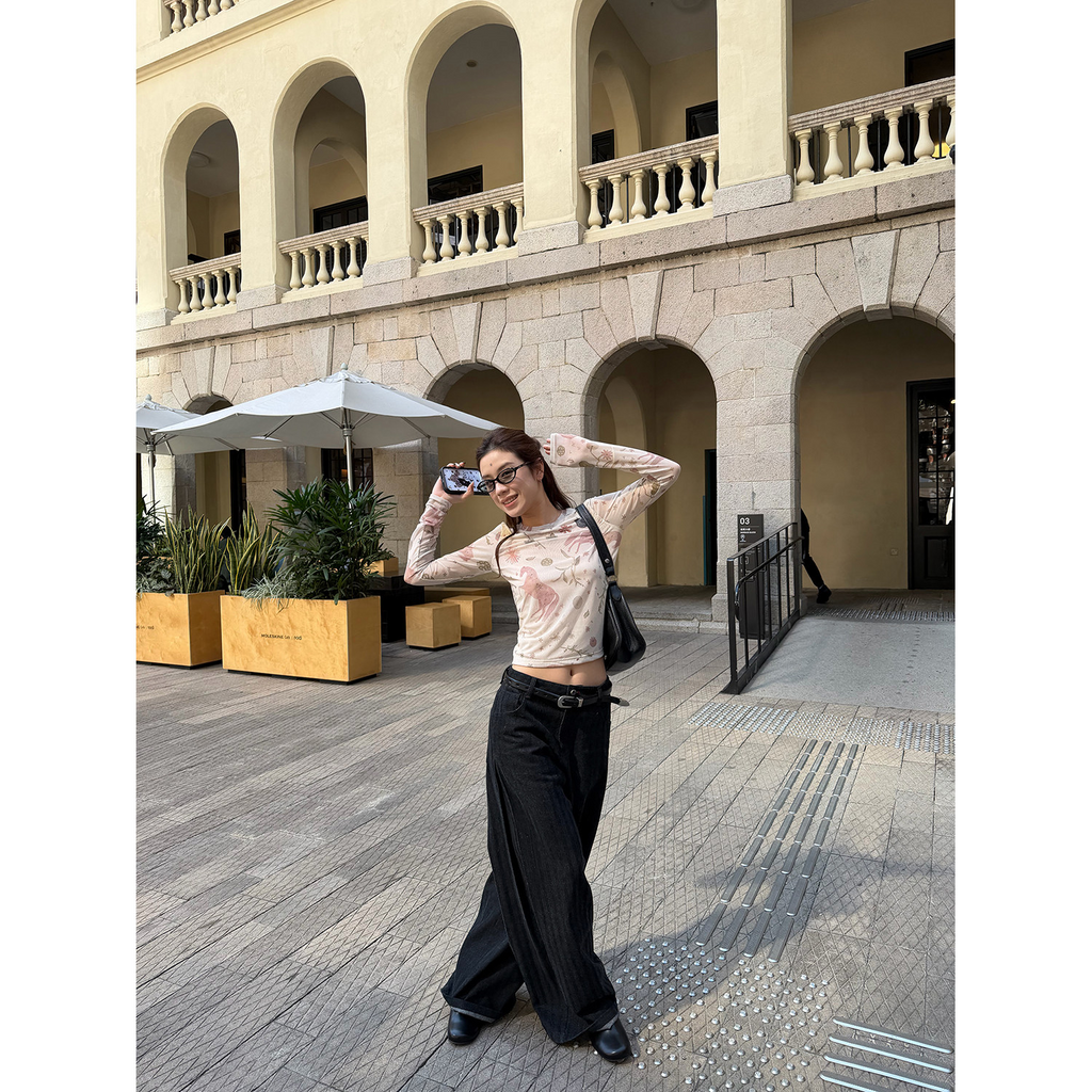 LelyMooch アート総柄シアーメッシュトップス  LEM314