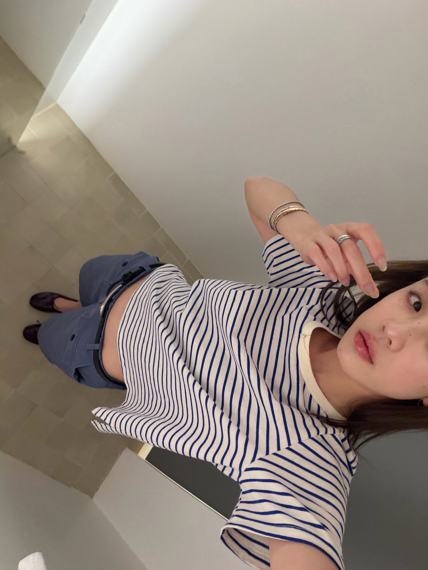 LelyMooch 細ボーダー 配色リブTシャツ  LEM380