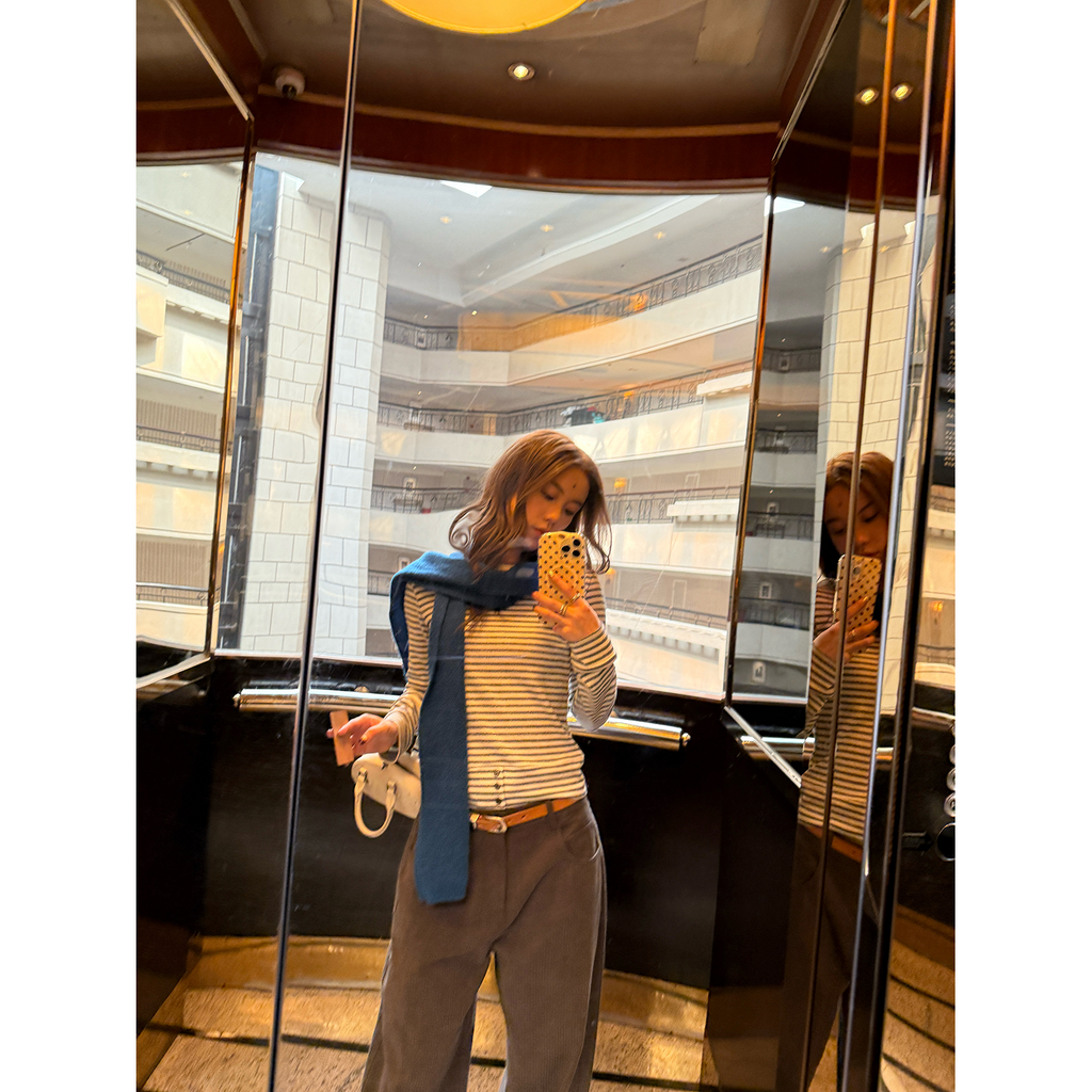 LelyMooch ふんわりグレーボーダーニット  LEM240