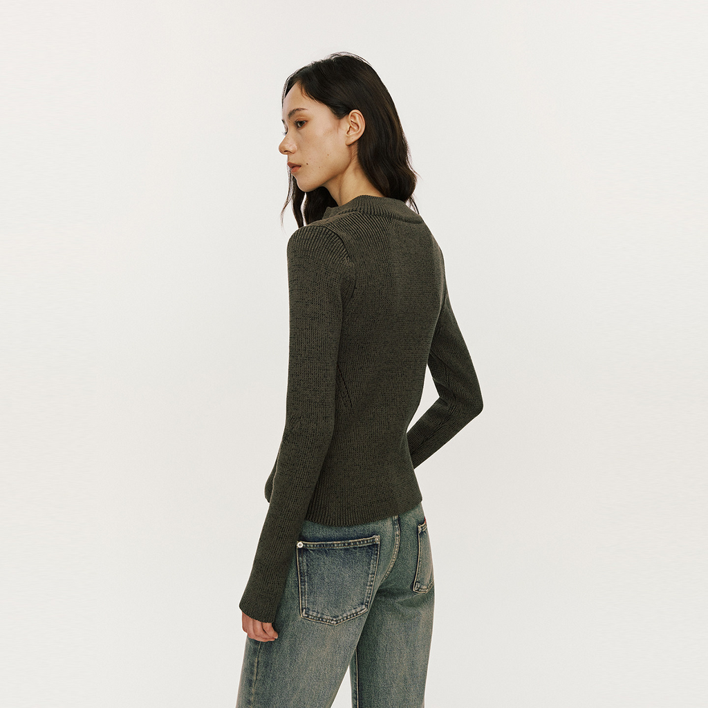 斜めジップ 半ハイネック 構築ニット  LOM036