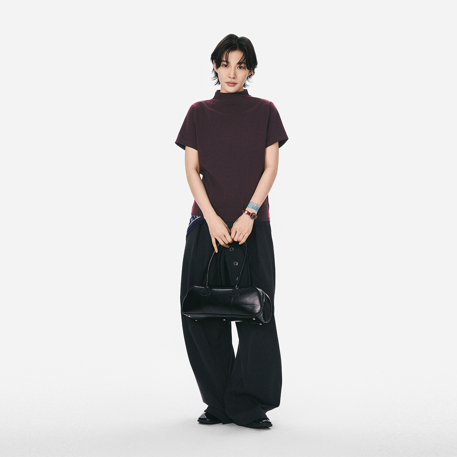 モックネックフレンチスリーブTシャツ  LOM073