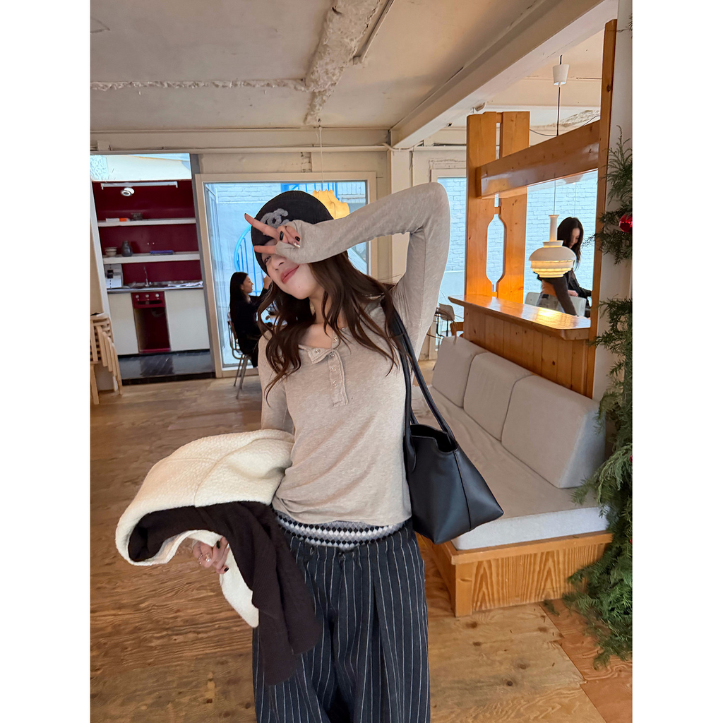 LelyMooch 3色展開 ヘンリーネック ウール混 インナートップス  LEM296