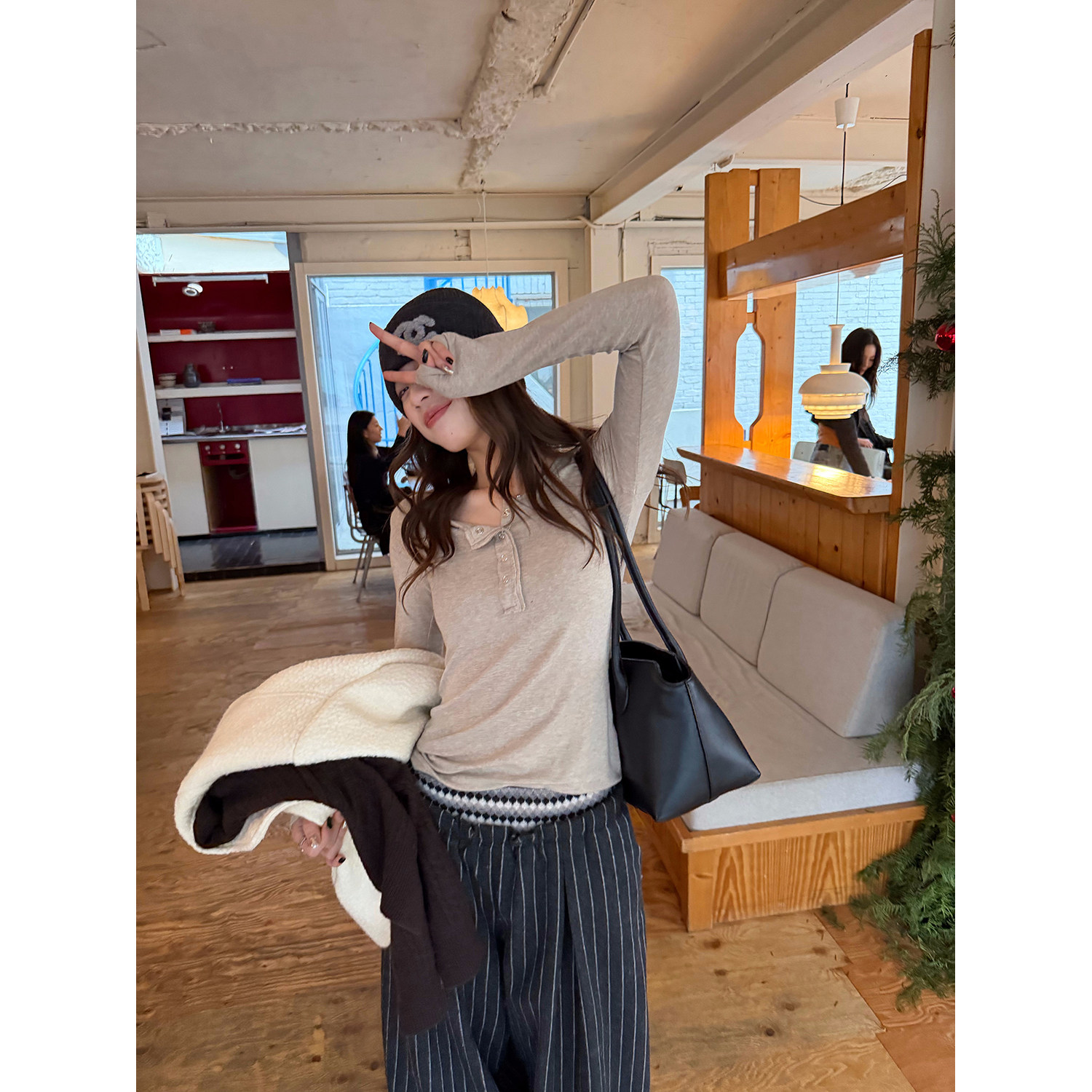 LelyMooch 3色展開 ヘンリーネック ウール混 インナートップス  LEM296