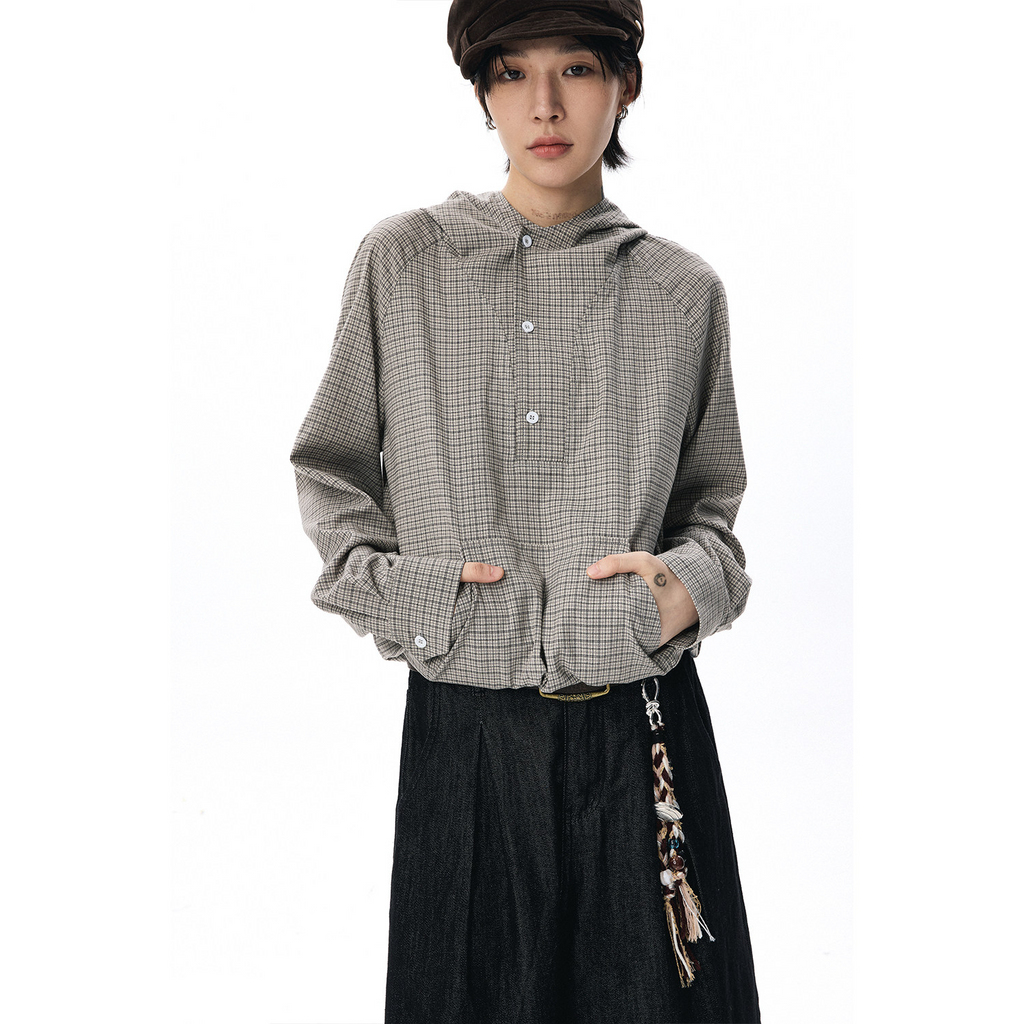 ドローコードヘム フーディーチェック柄 長袖シャツ  LOM037