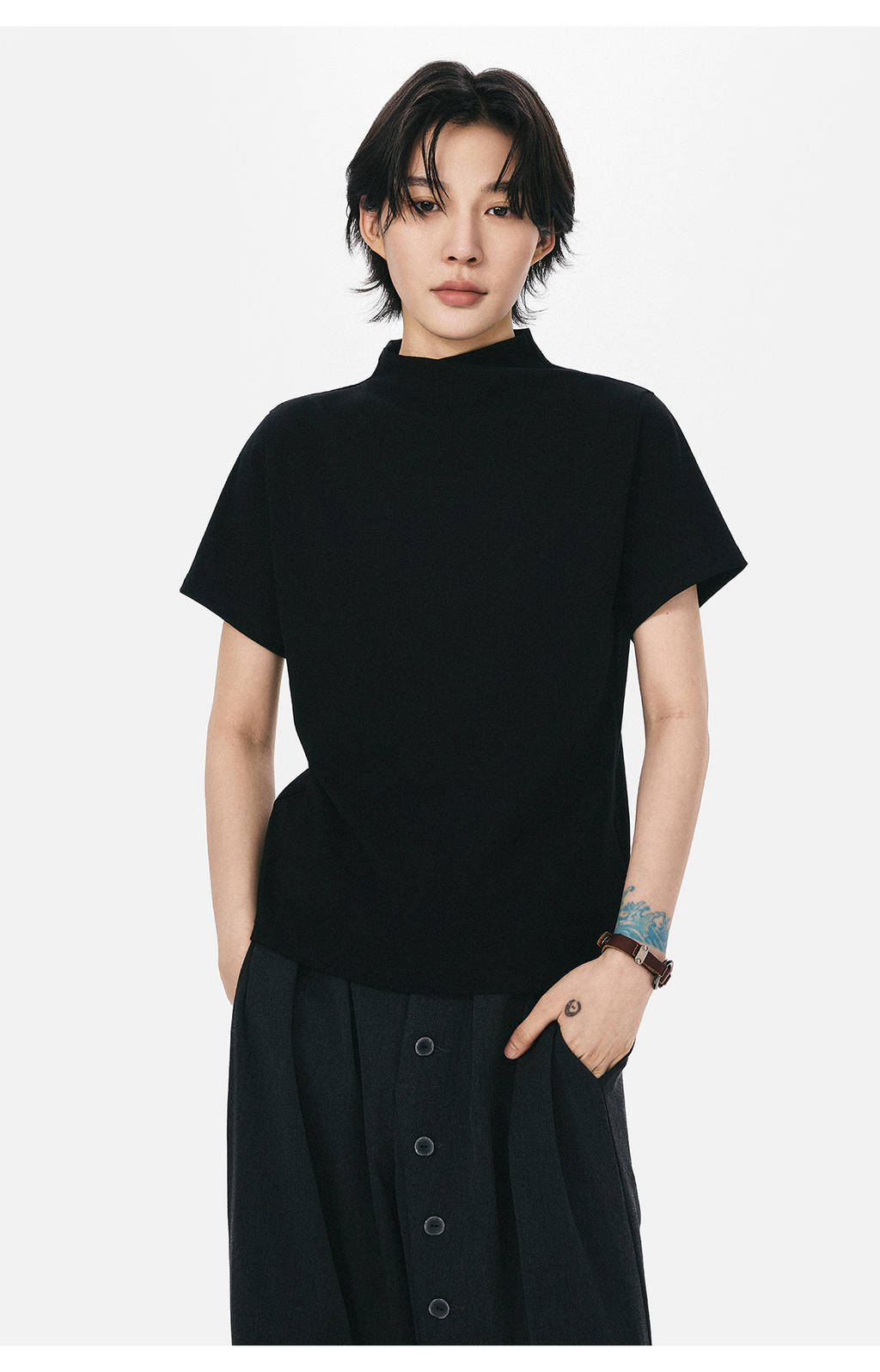 モックネックフレンチスリーブTシャツ  LOM073
