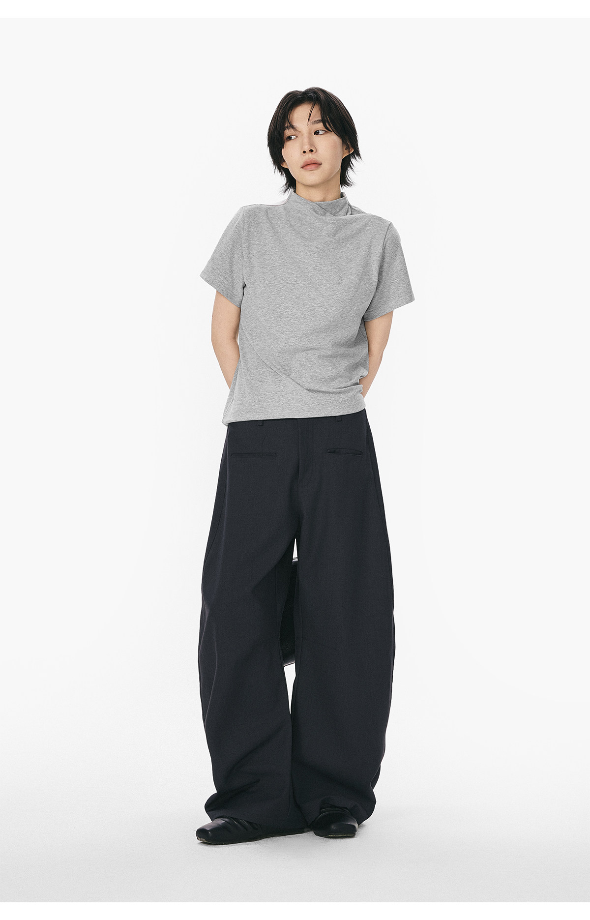 モックネックフレンチスリーブTシャツ  LOM073