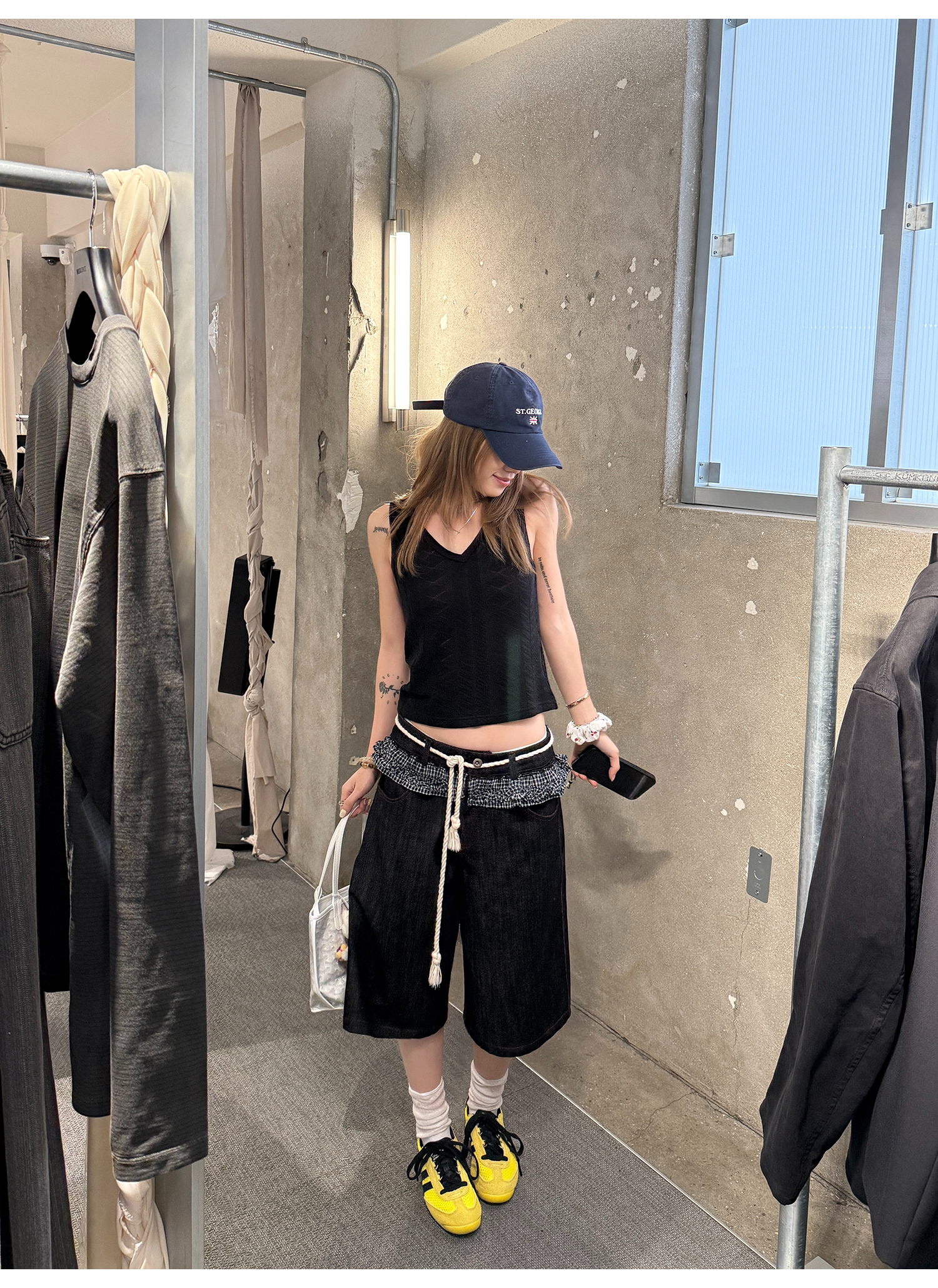 LelyMooch 赤ステッチ×ギンガムデニムハーフパンツ   LEM201