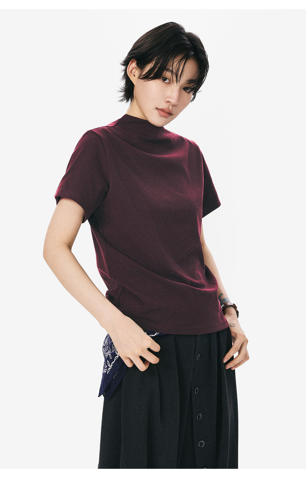 モックネックフレンチスリーブTシャツ  LOM073