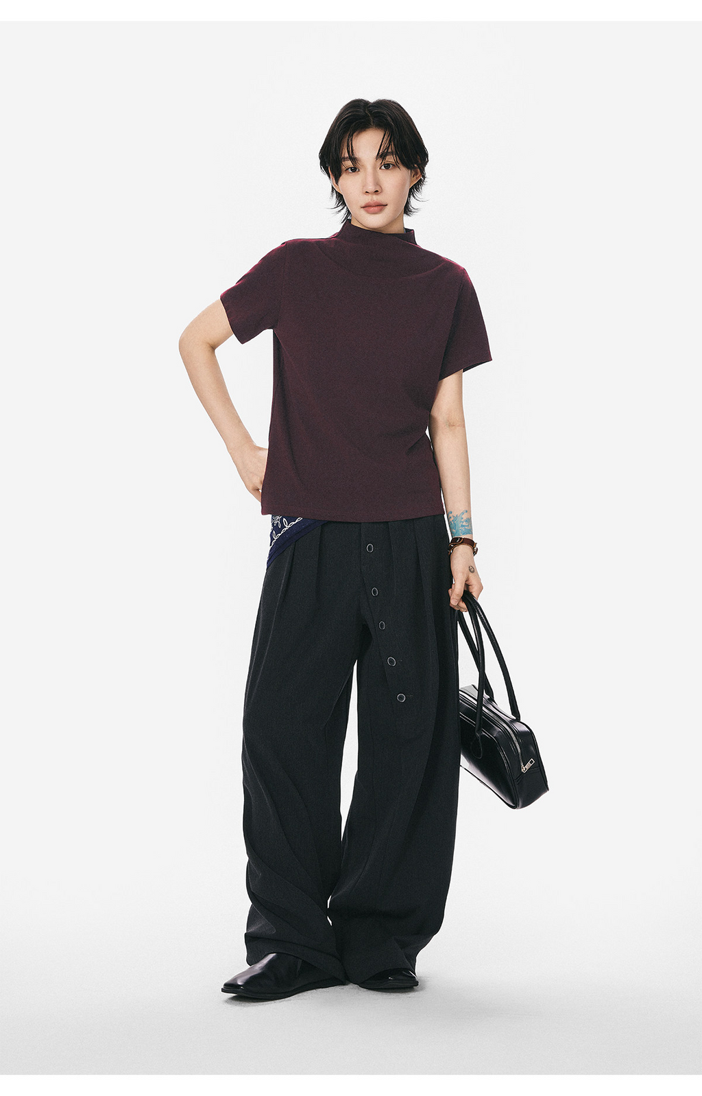 モックネックフレンチスリーブTシャツ  LOM073