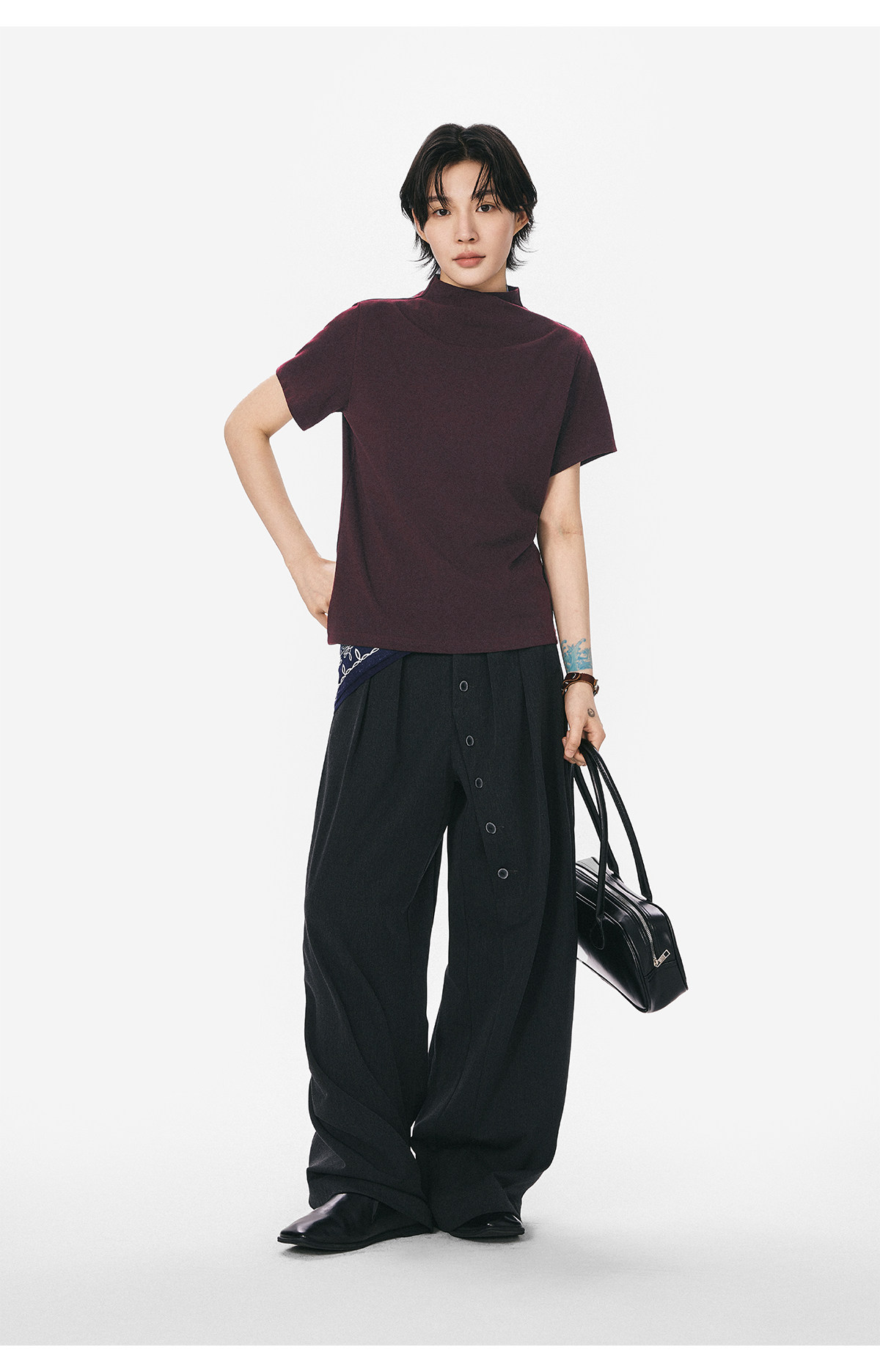 モックネックフレンチスリーブTシャツ  LOM073