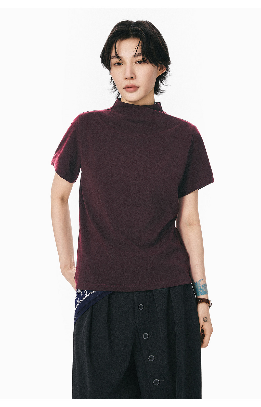 モックネックフレンチスリーブTシャツ  LOM073