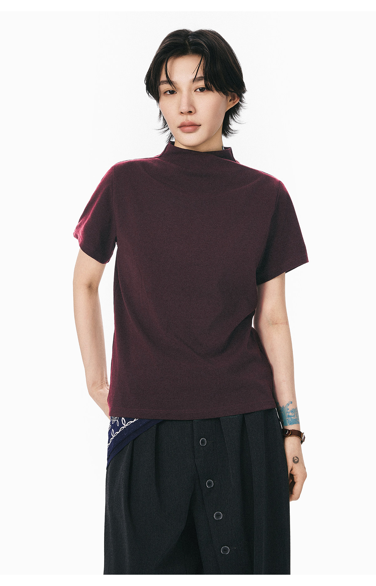 モックネックフレンチスリーブTシャツ  LOM073
