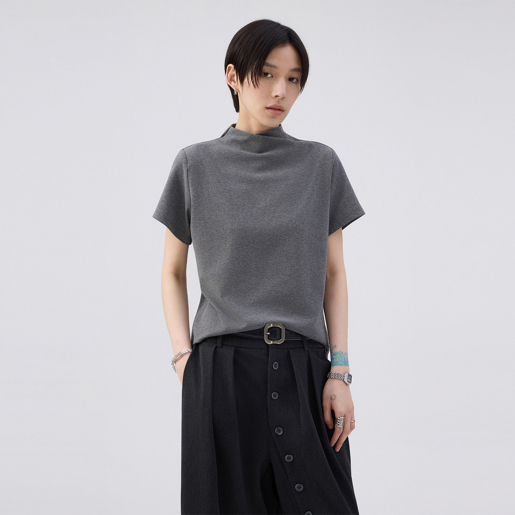 モックネックフレンチスリーブTシャツ  LOM073