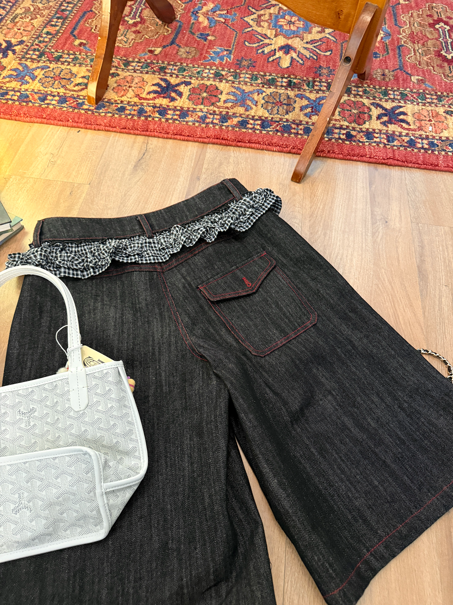 LelyMooch 赤ステッチ×ギンガムデニムハーフパンツ   LEM201