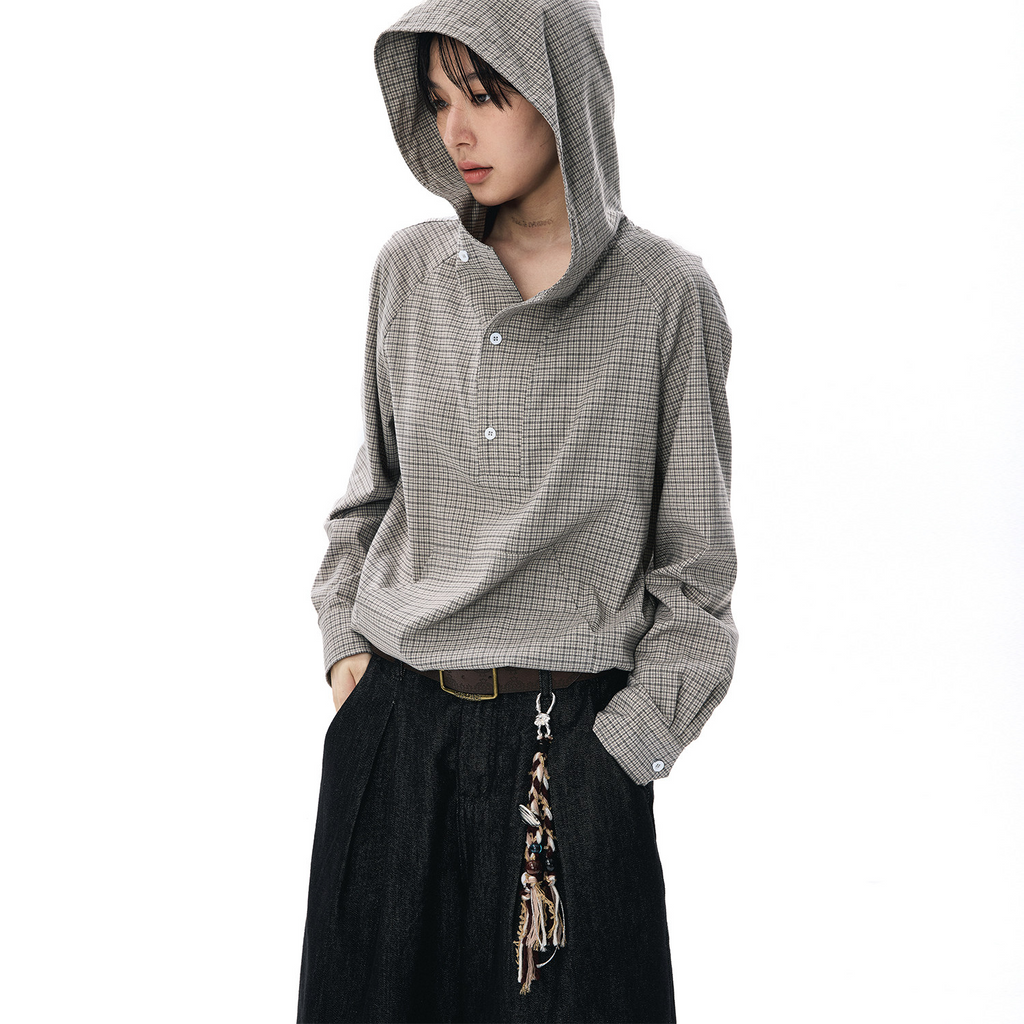 ドローコードヘム フーディーチェック柄 長袖シャツ  LOM037
