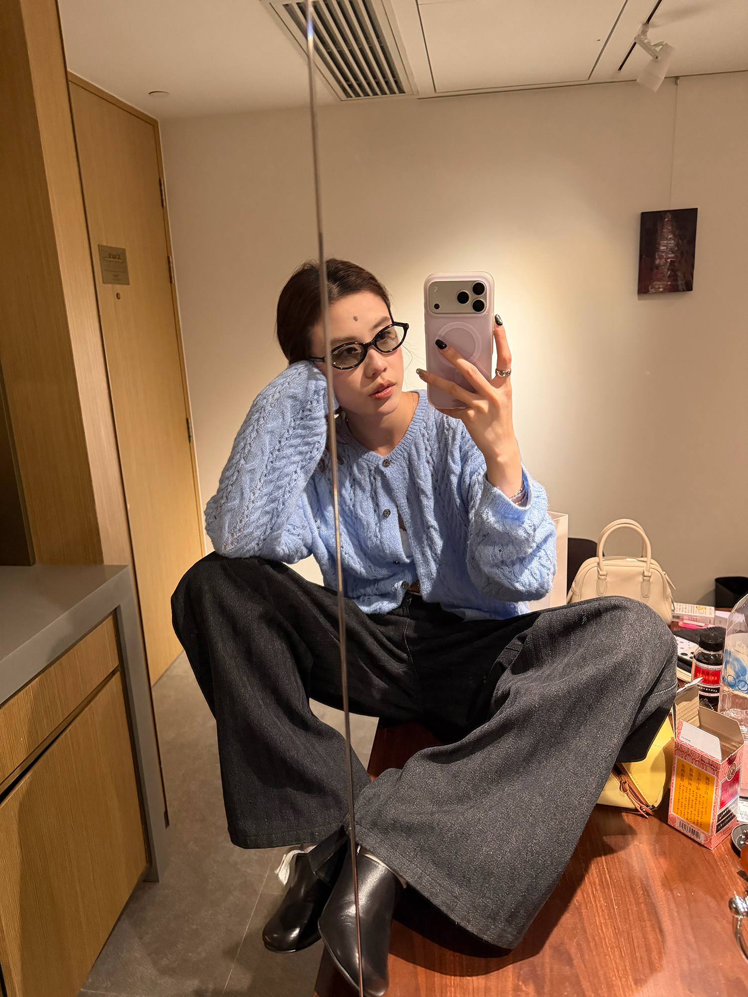 LelyMooch 黒グレー縞柄 すっきりストレートデニム　LEM319