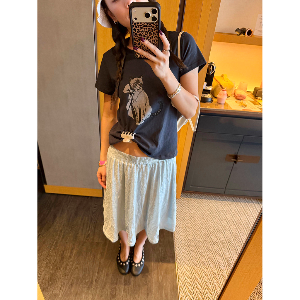 LelyMooch ヴィンテージ風キャットプリントTシャツ  LEM372