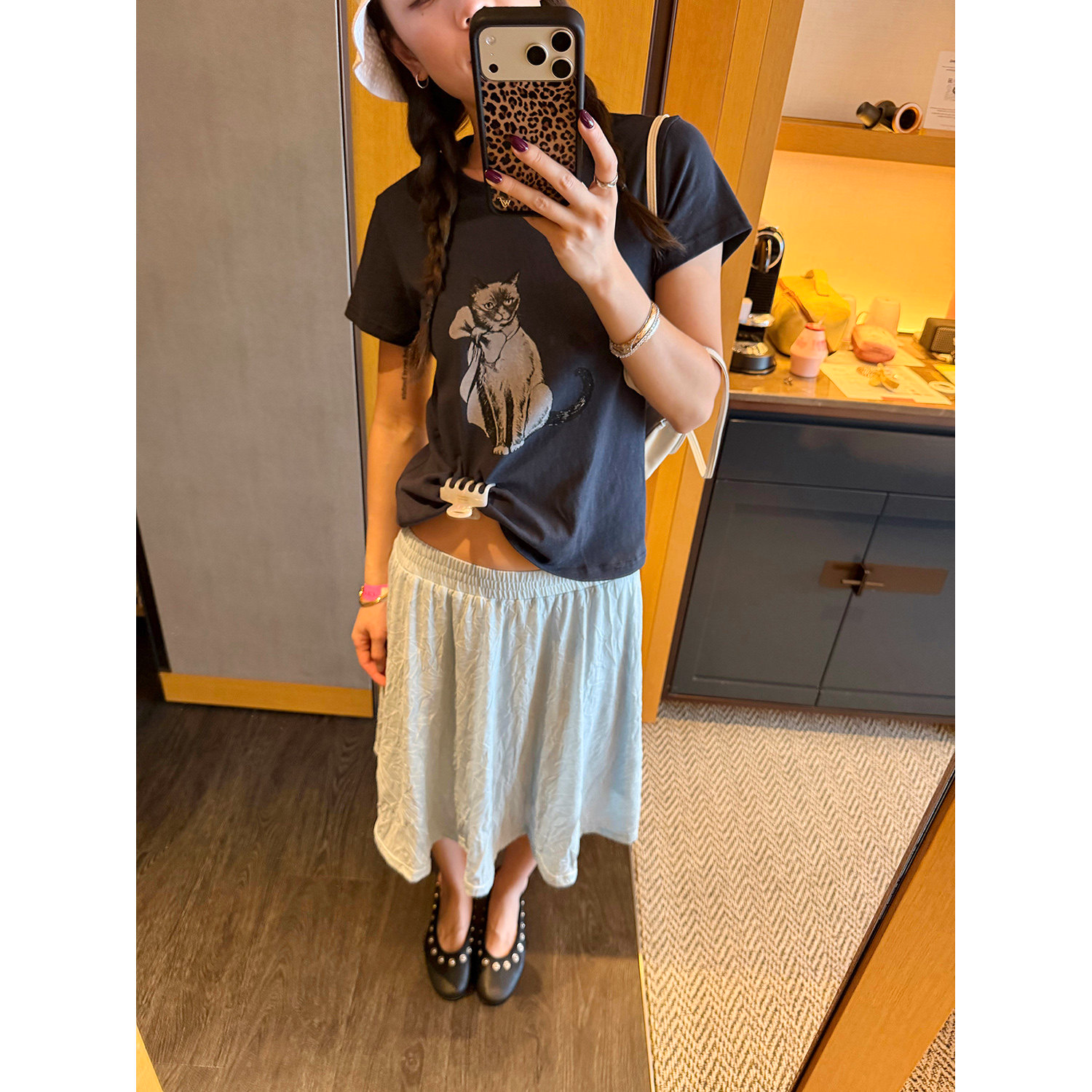 LelyMooch ヴィンテージ風キャットプリントTシャツ  LEM372