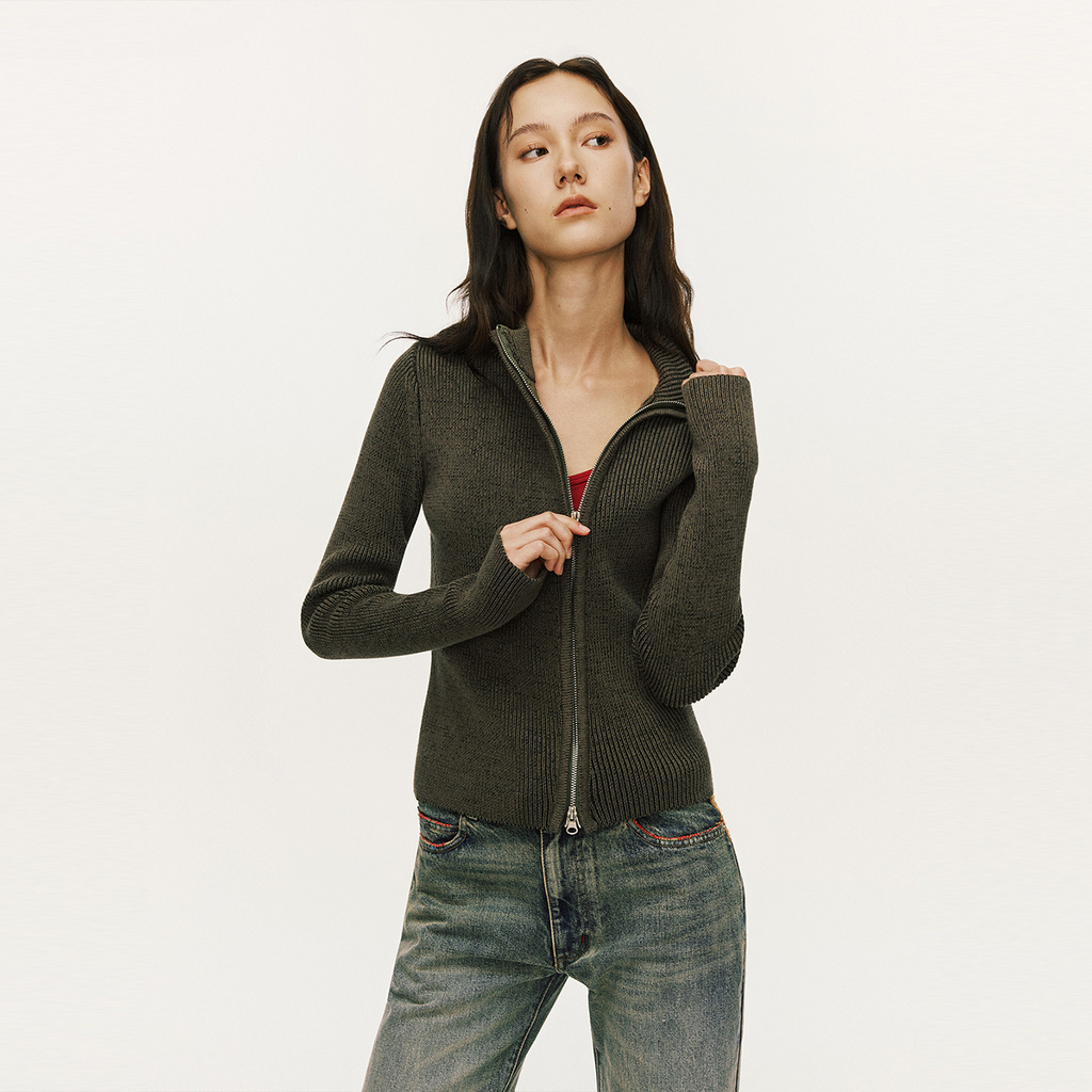 斜めジップ 半ハイネック 構築ニット  LOM036