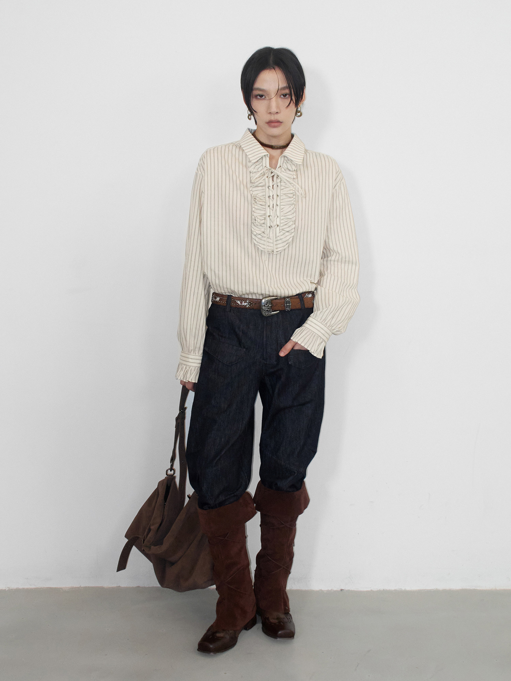 前結びデザイン 縦縞ブラウス  LOM042