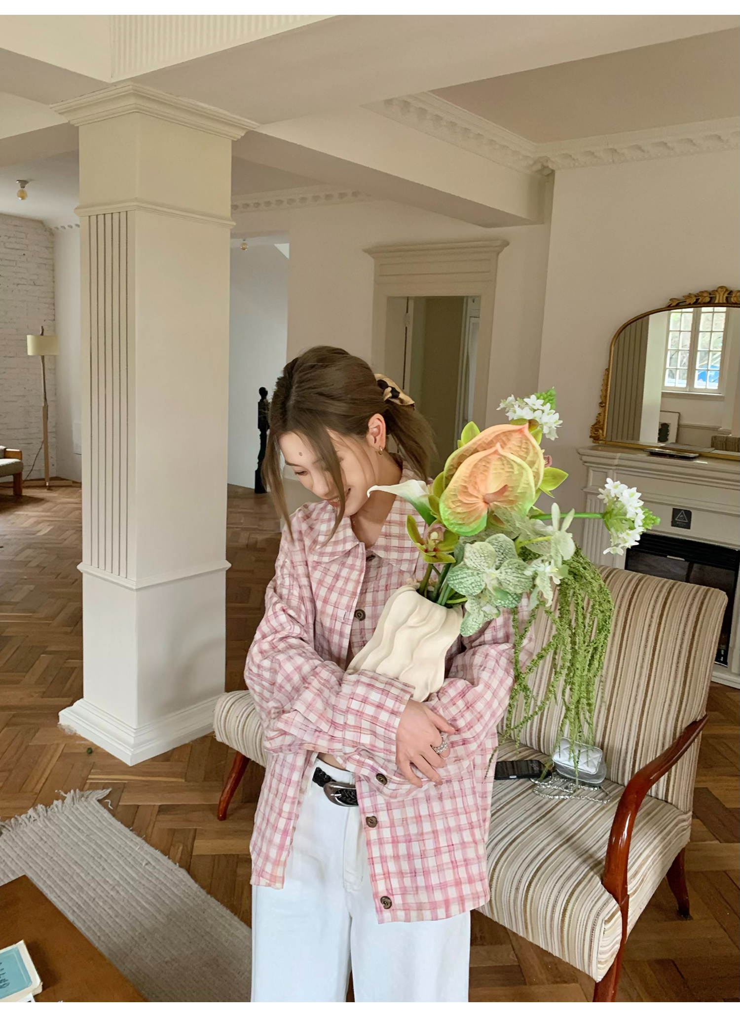 LelyMooch ピンクチェック リネン風　シャツジャケット  LEM119