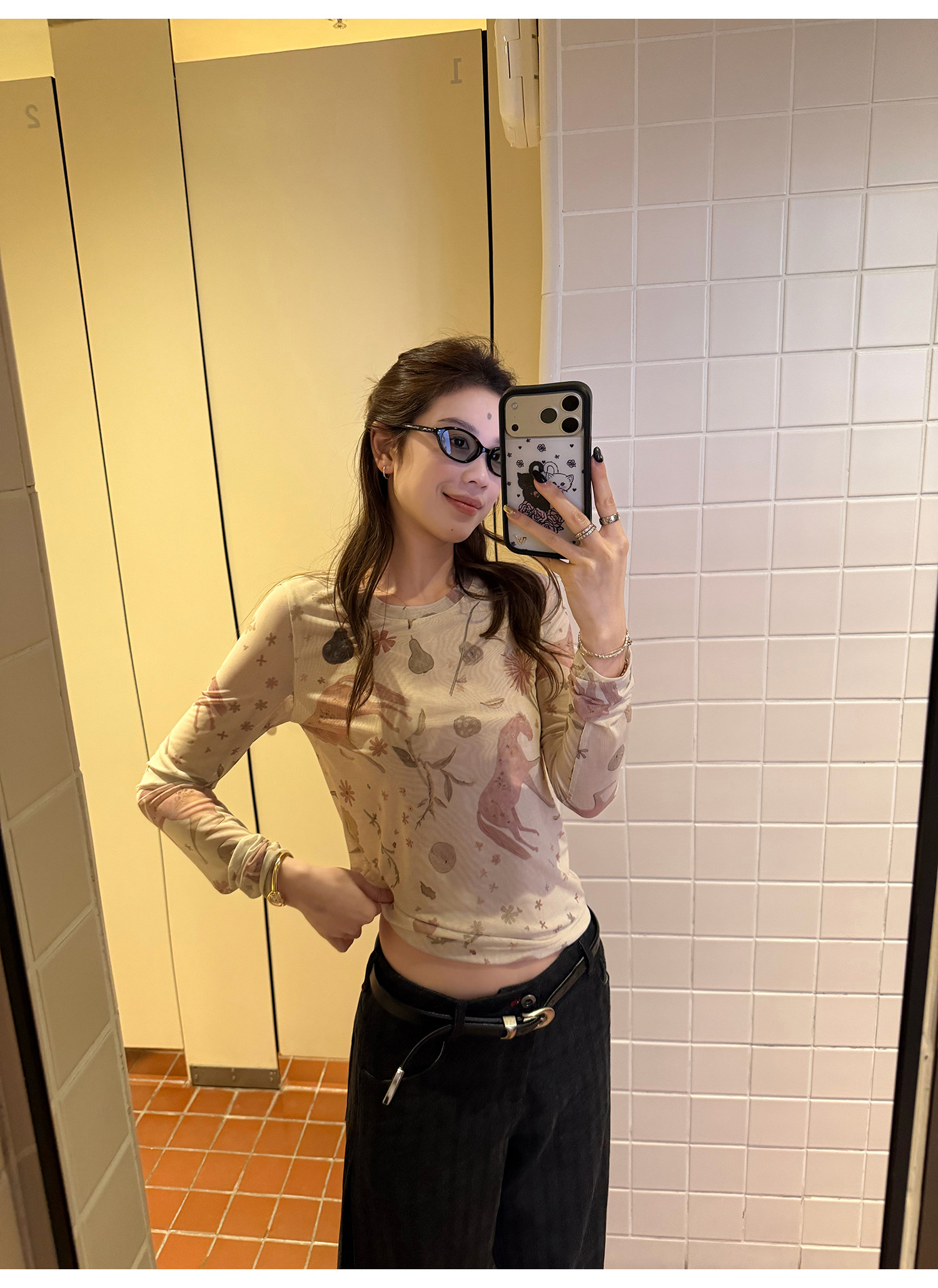 LelyMooch アート総柄シアーメッシュトップス  LEM314