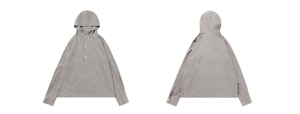 ドローコードヘム フーディーチェック柄 長袖シャツ  LOM037