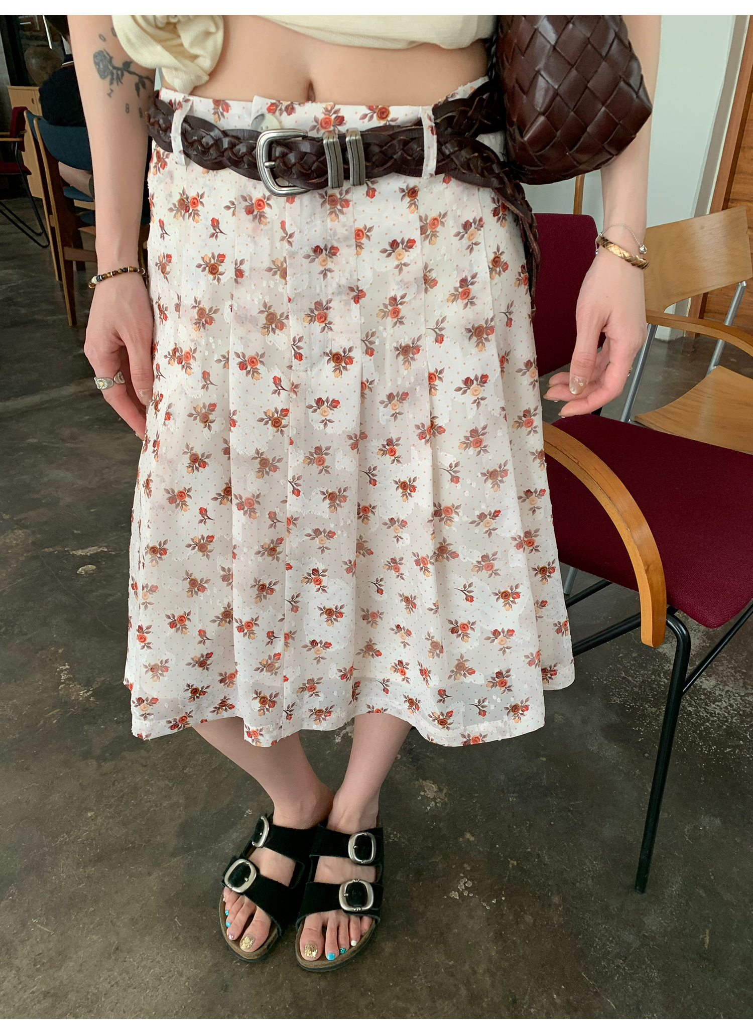 LelyMooch  レトロ小花柄プリーツシフォンスカート  LEM143