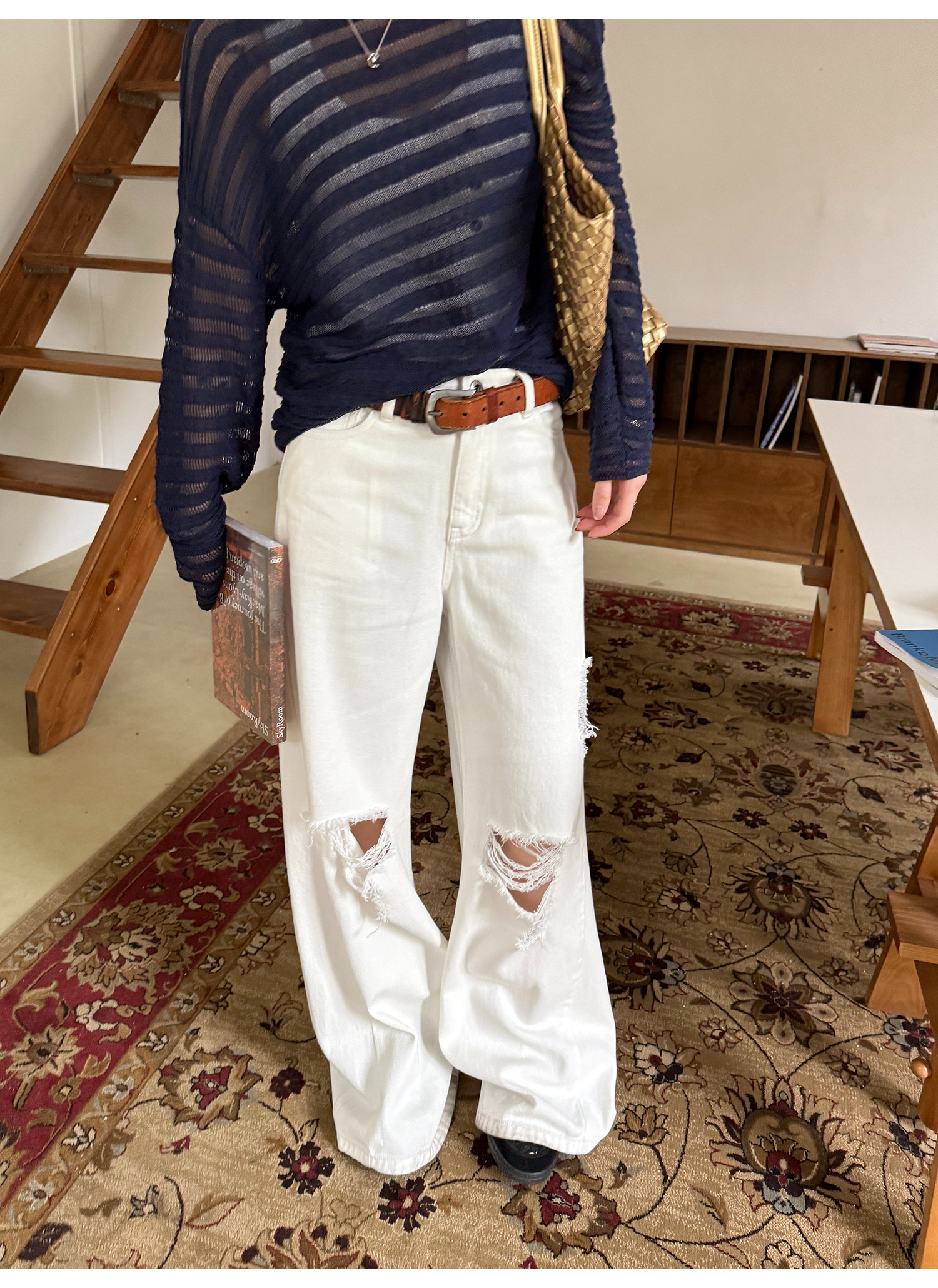 LelyMooch  ホワイト ワイドパンツ（ダメージ加工） LEM116