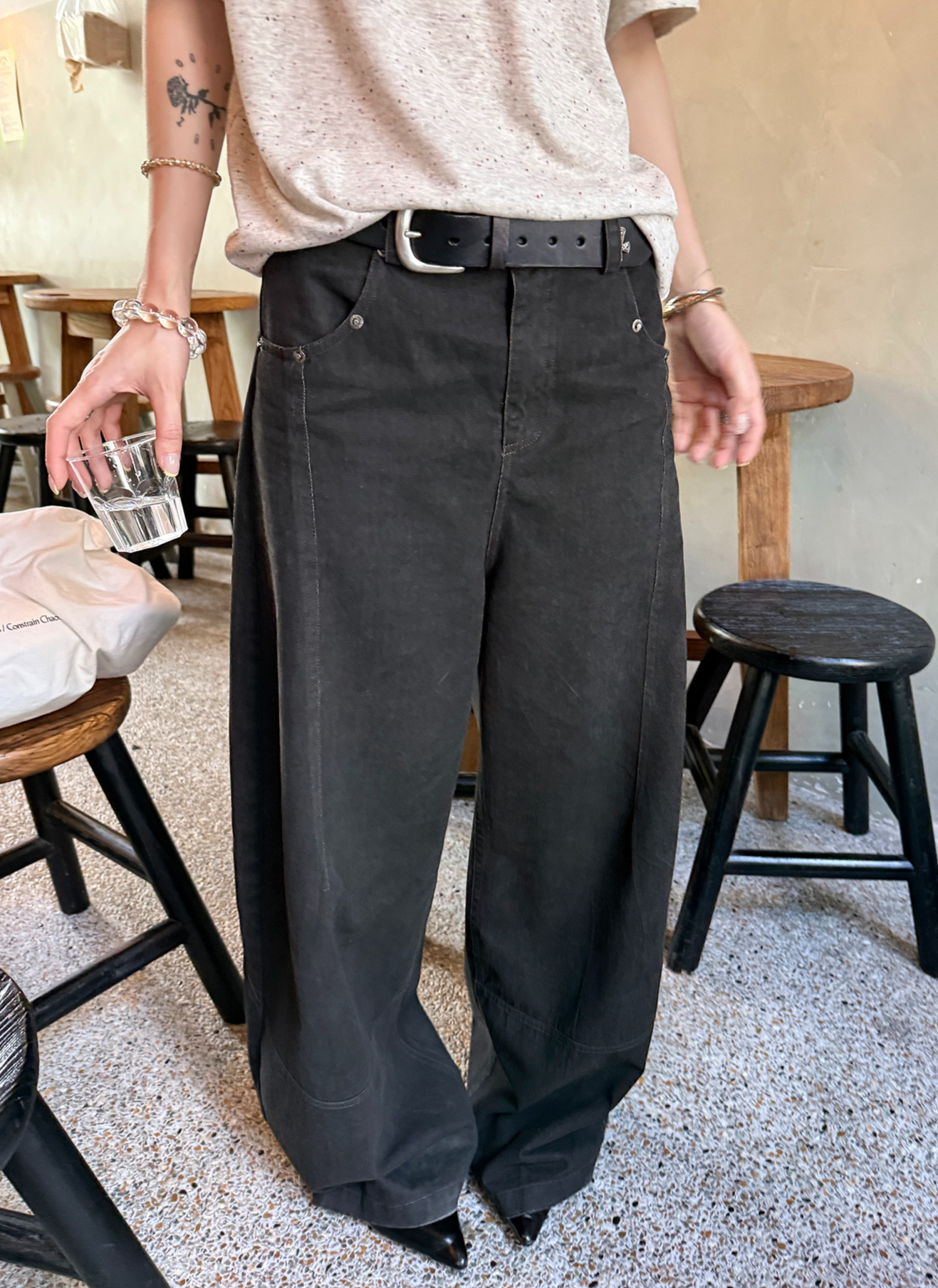 LelyMooch 古着風ブラックスタッズワイドパンツ  LEM215