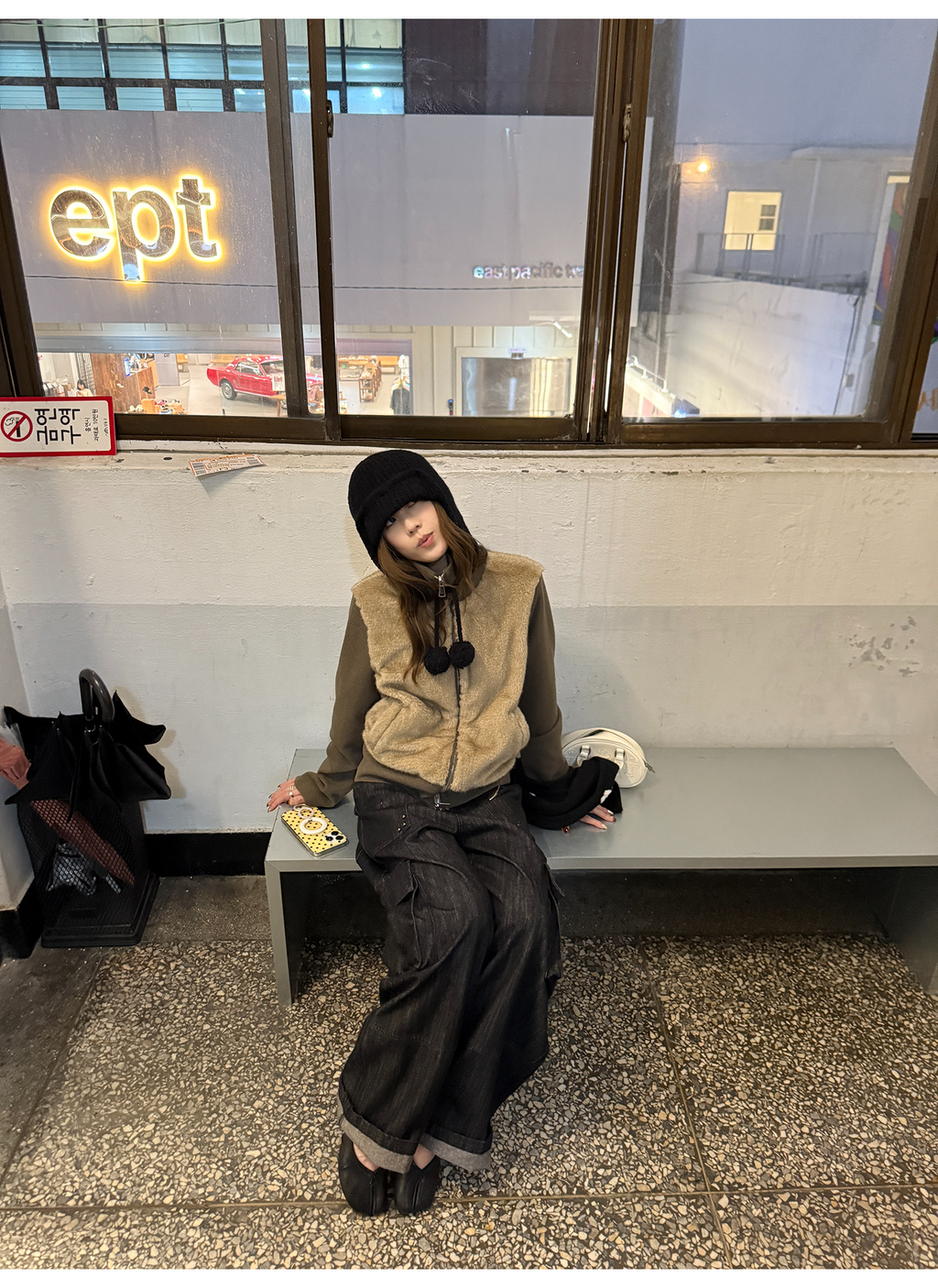 LelyMooch フェイクファー切り替え立ち襟コート  LEM252