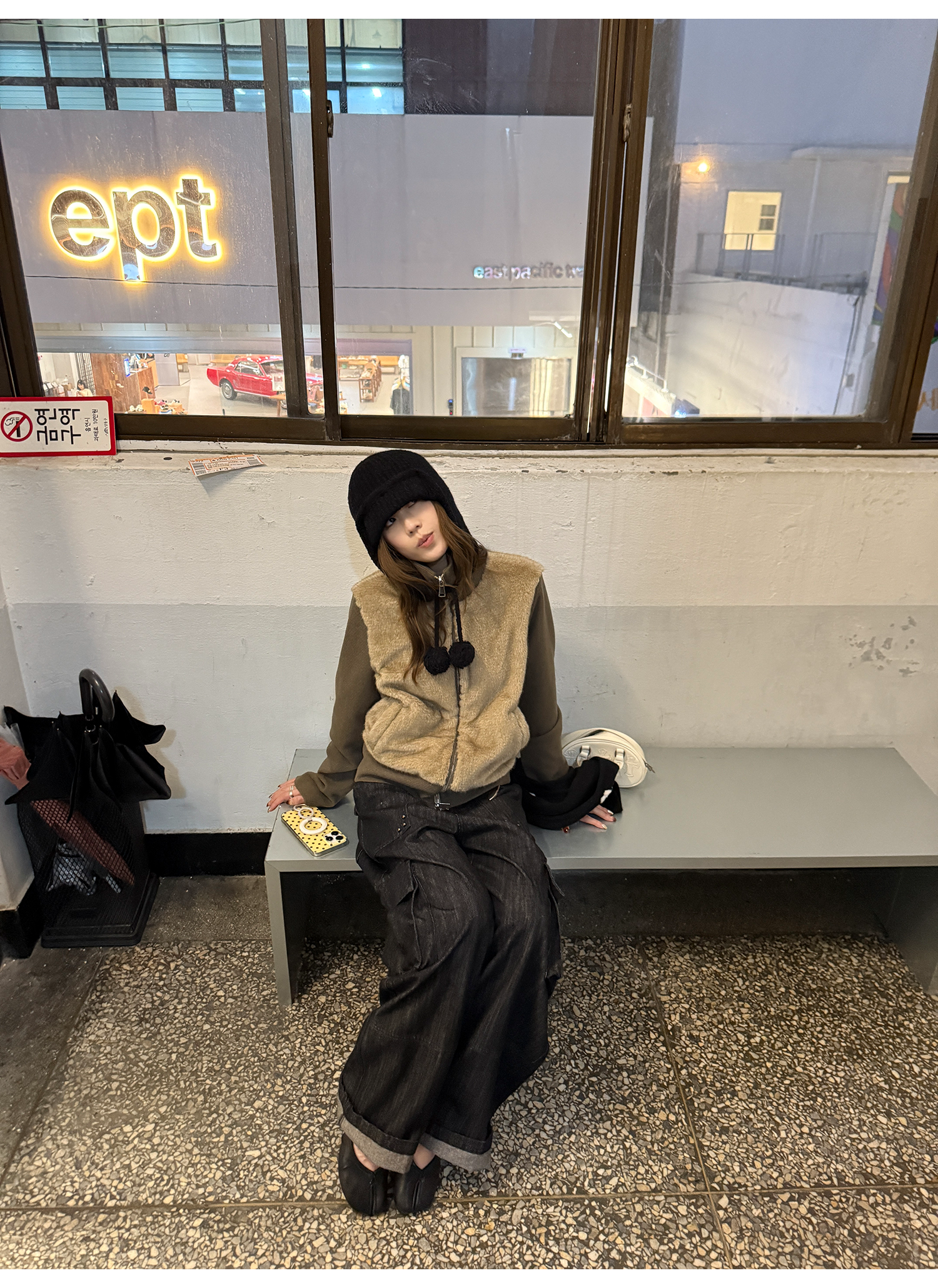 LelyMooch フェイクファー切り替え立ち襟コート  LEM252