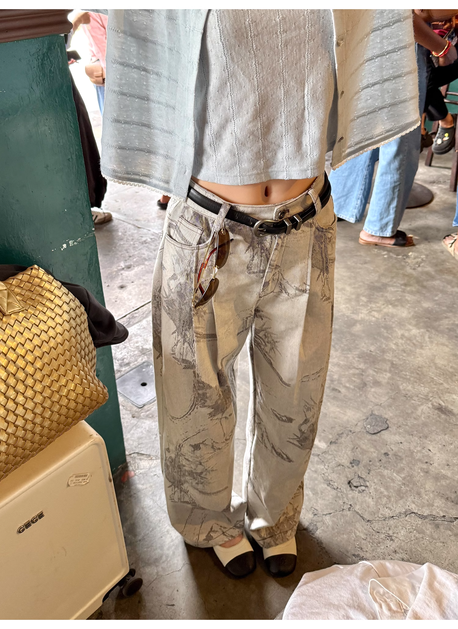 【7日以内にお届け】LelyMooch ヴィンテージ風 ジャカード デニムパンツ LEM109