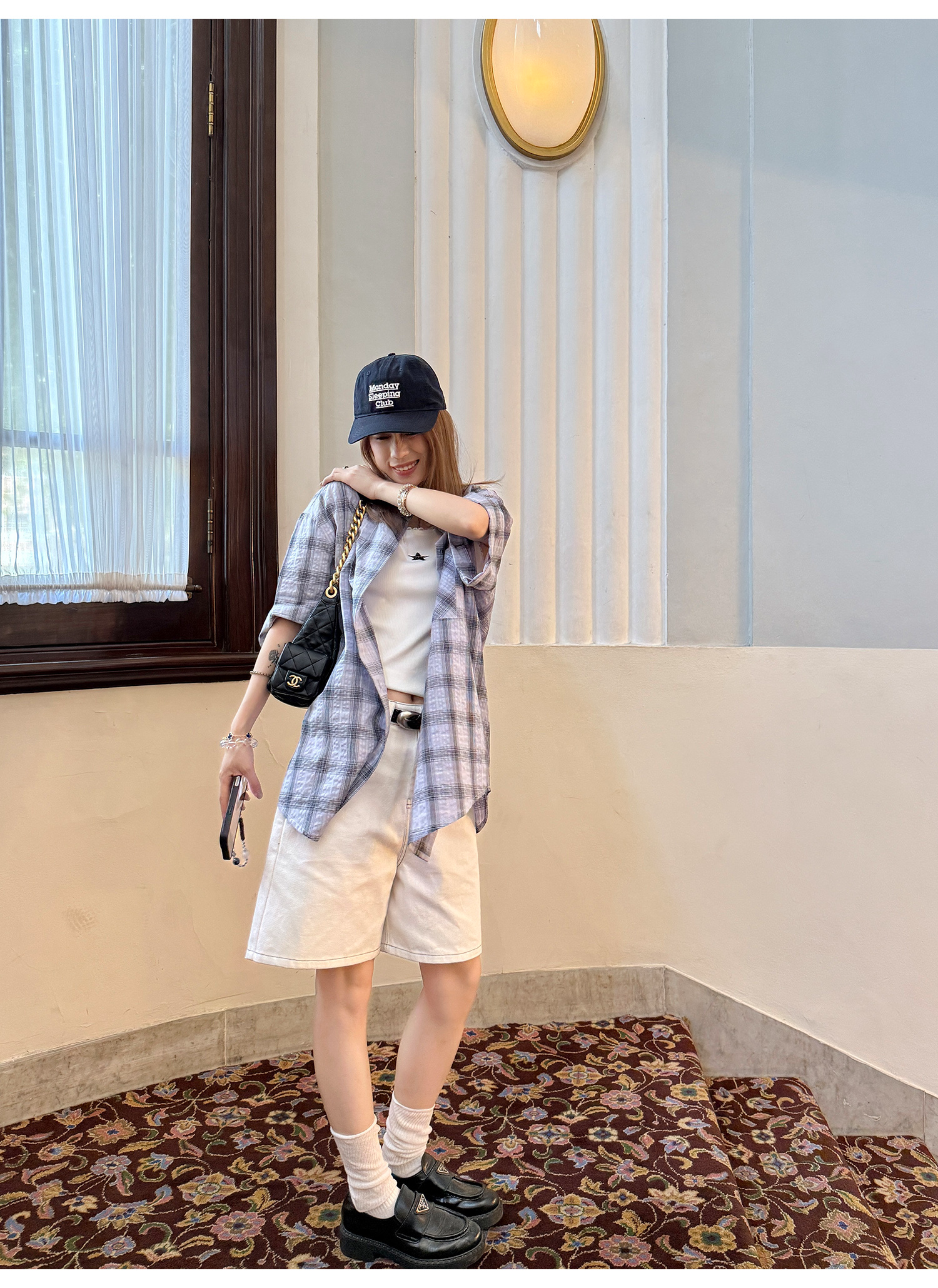 LelyMooch パープル格子柄・軽量半袖シャツ  LEM198