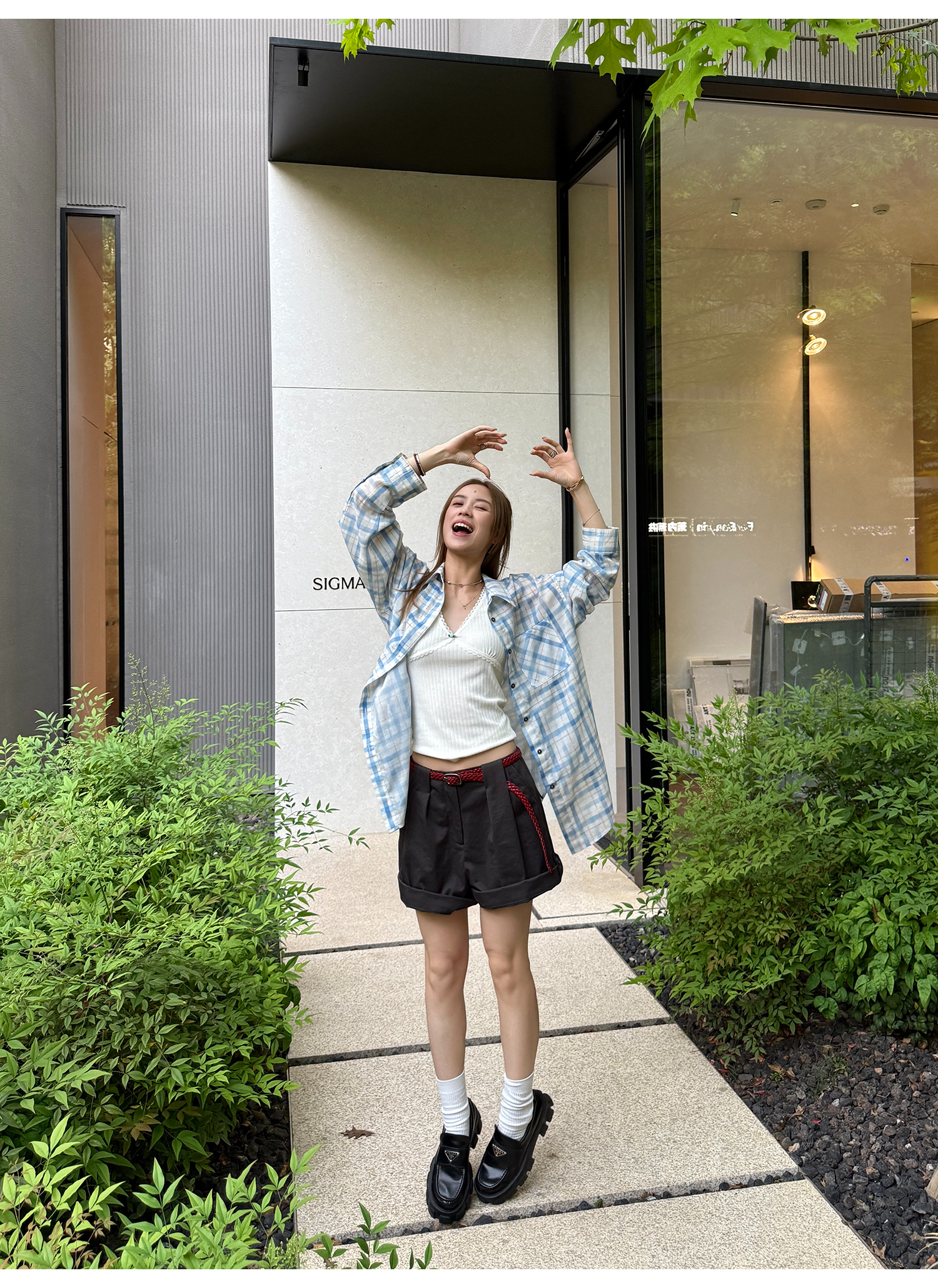 LelyMooch  爽やかチェック リラックス長袖UVシャツ  LEM155