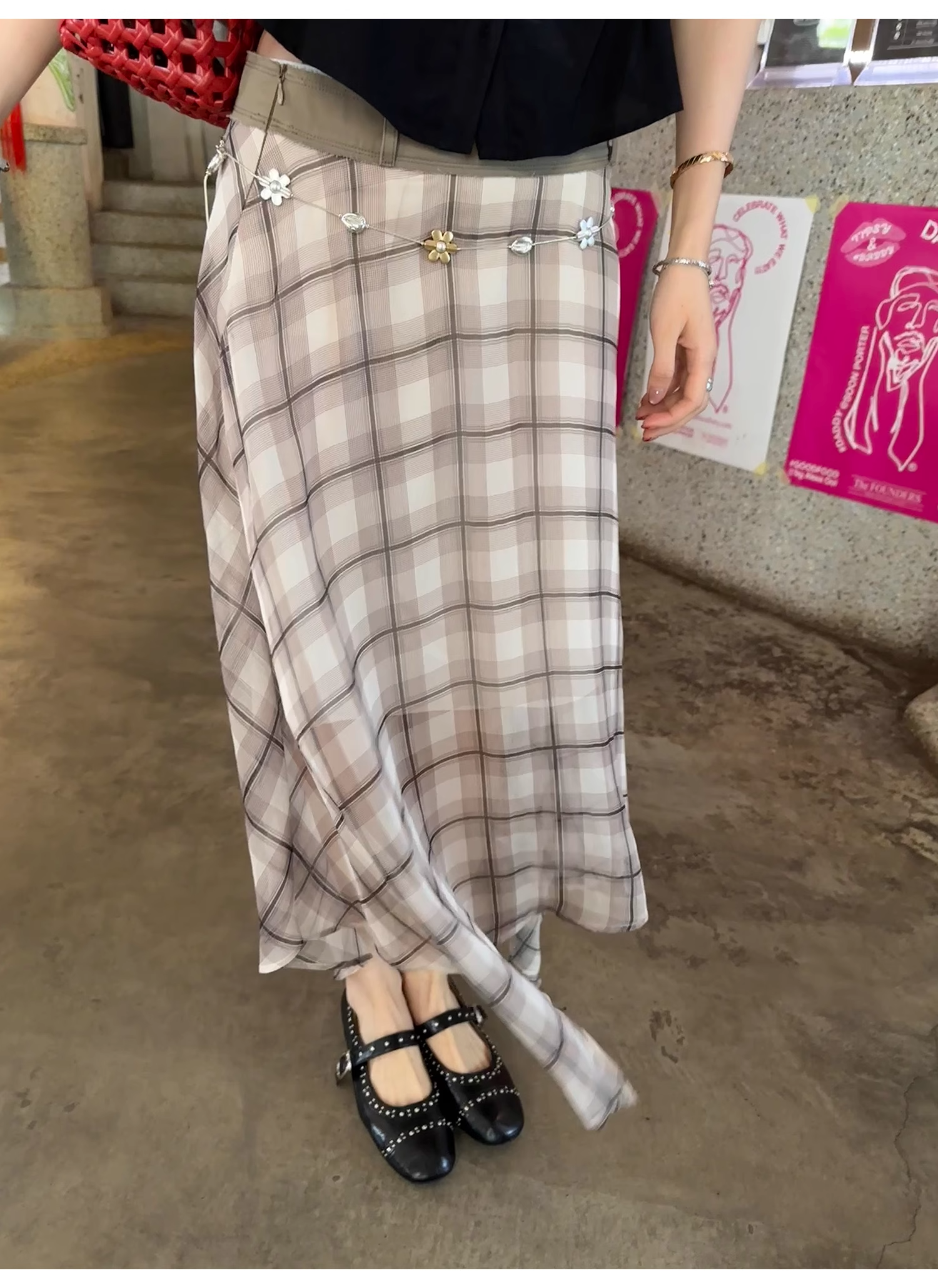 LelyMooch  エレガントフレンチ シフォンチェックスカート  LEM096