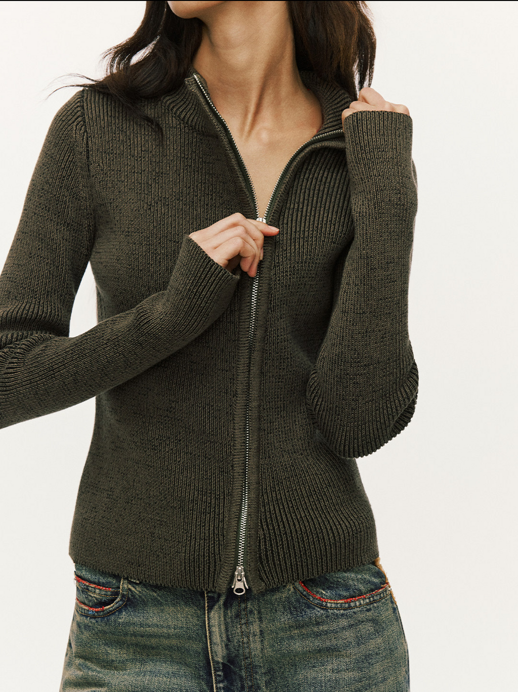 斜めジップ 半ハイネック 構築ニット  LOM036