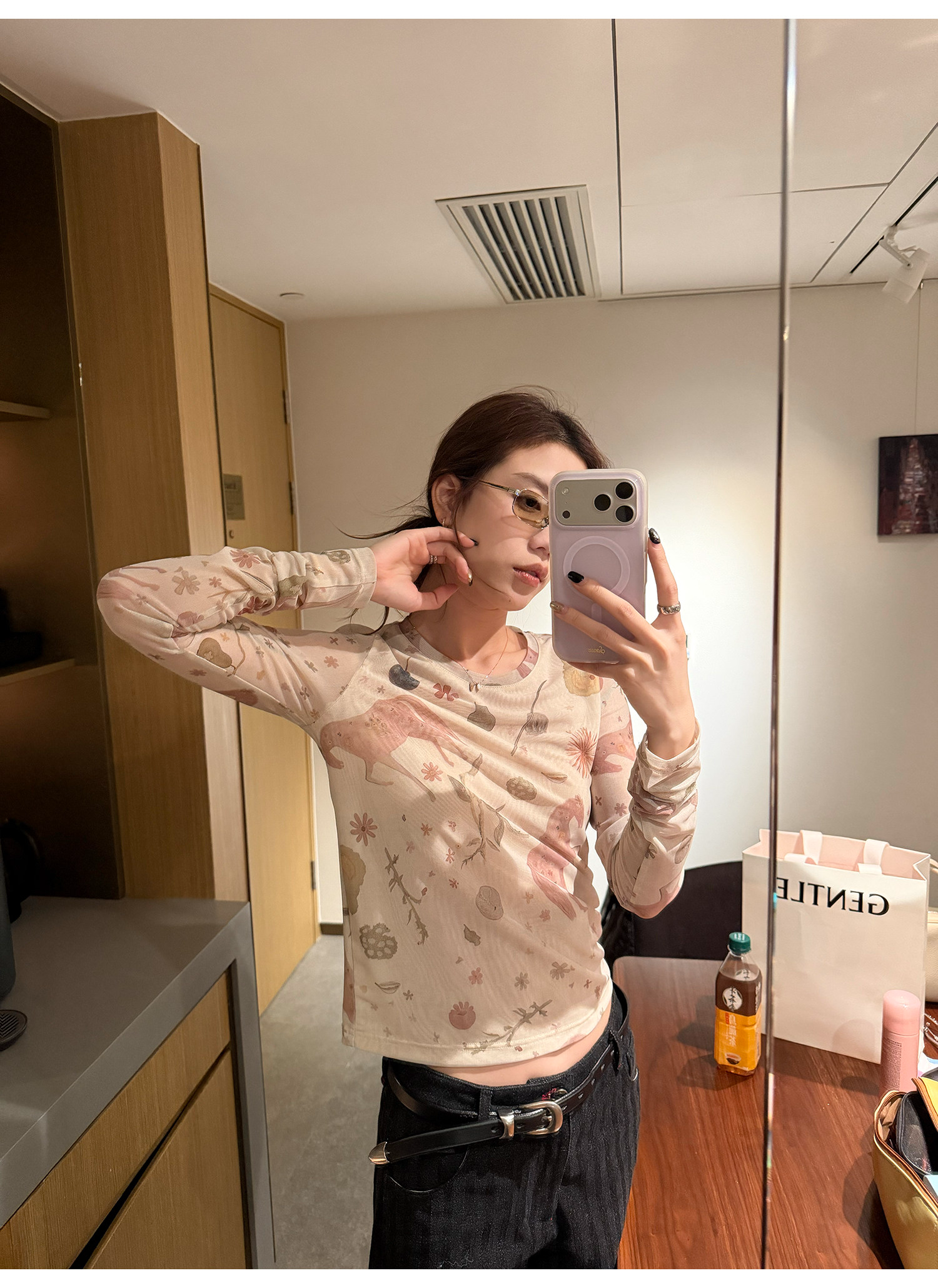 LelyMooch アート総柄シアーメッシュトップス  LEM314