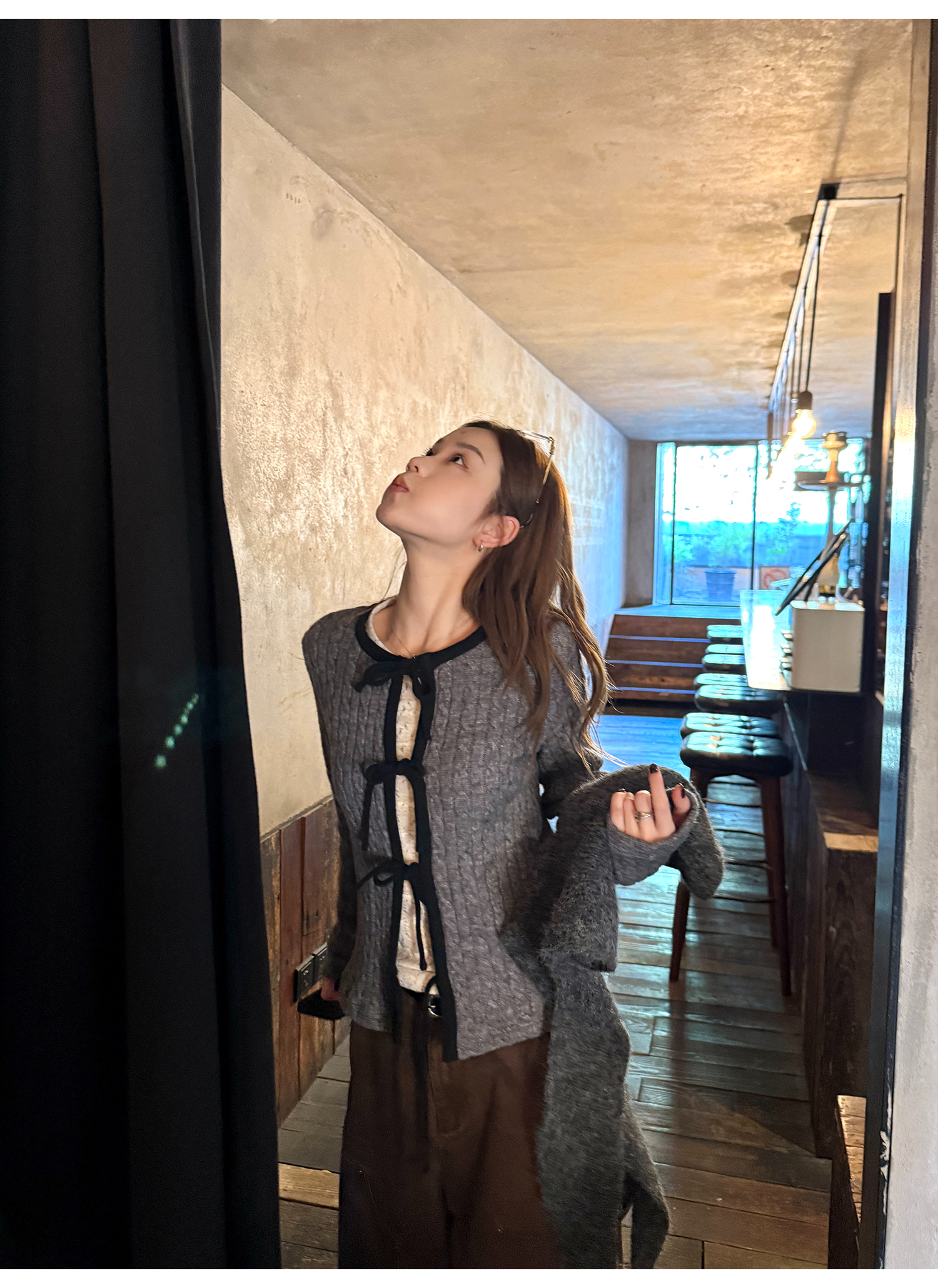 LelyMooch ケーブル調 × 配色リボン ニットトップス LEM276